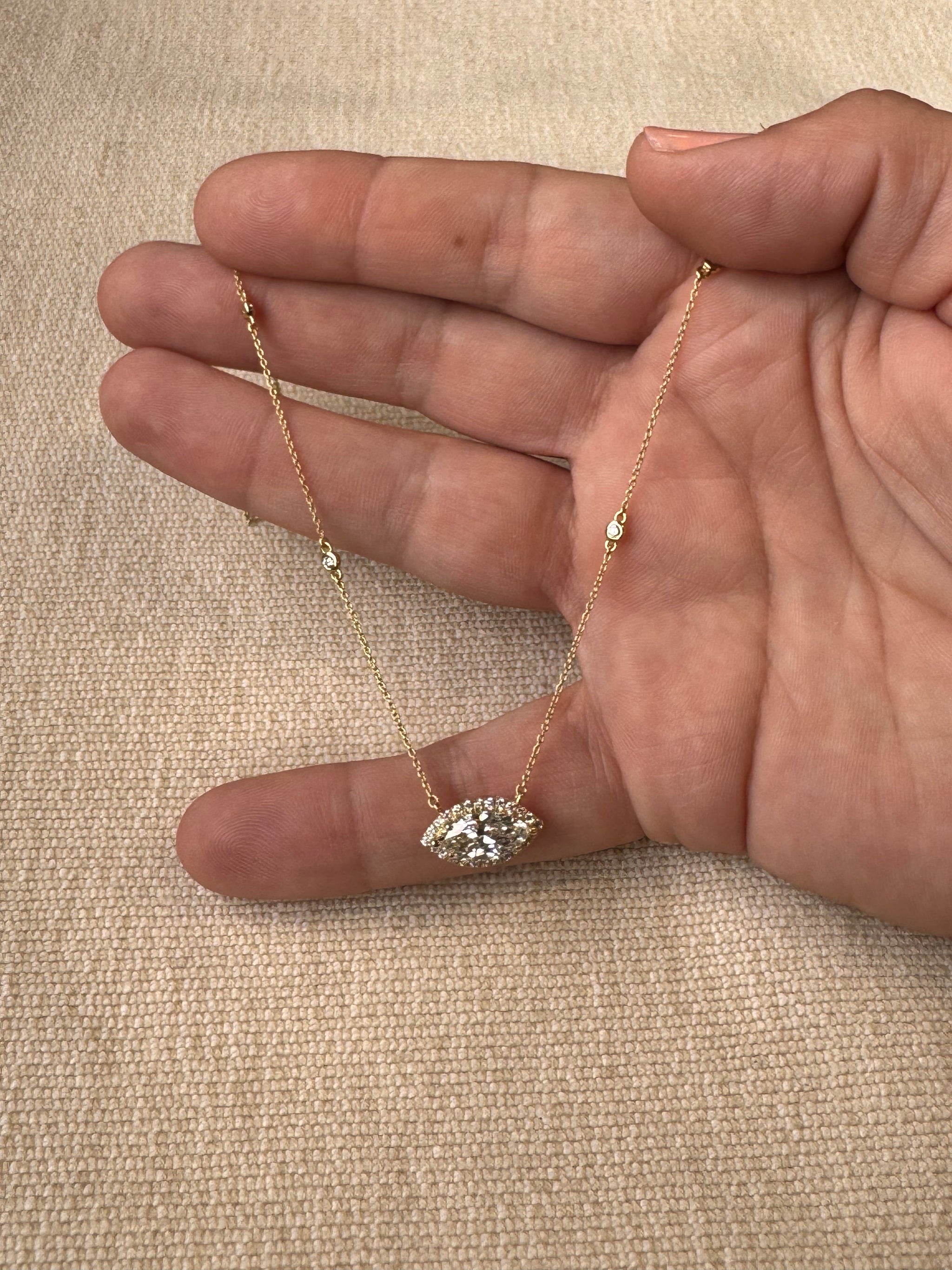OBFJ0063 - 14k Gold Diamond by the Yard Necklace with Halo Marquise Center 5