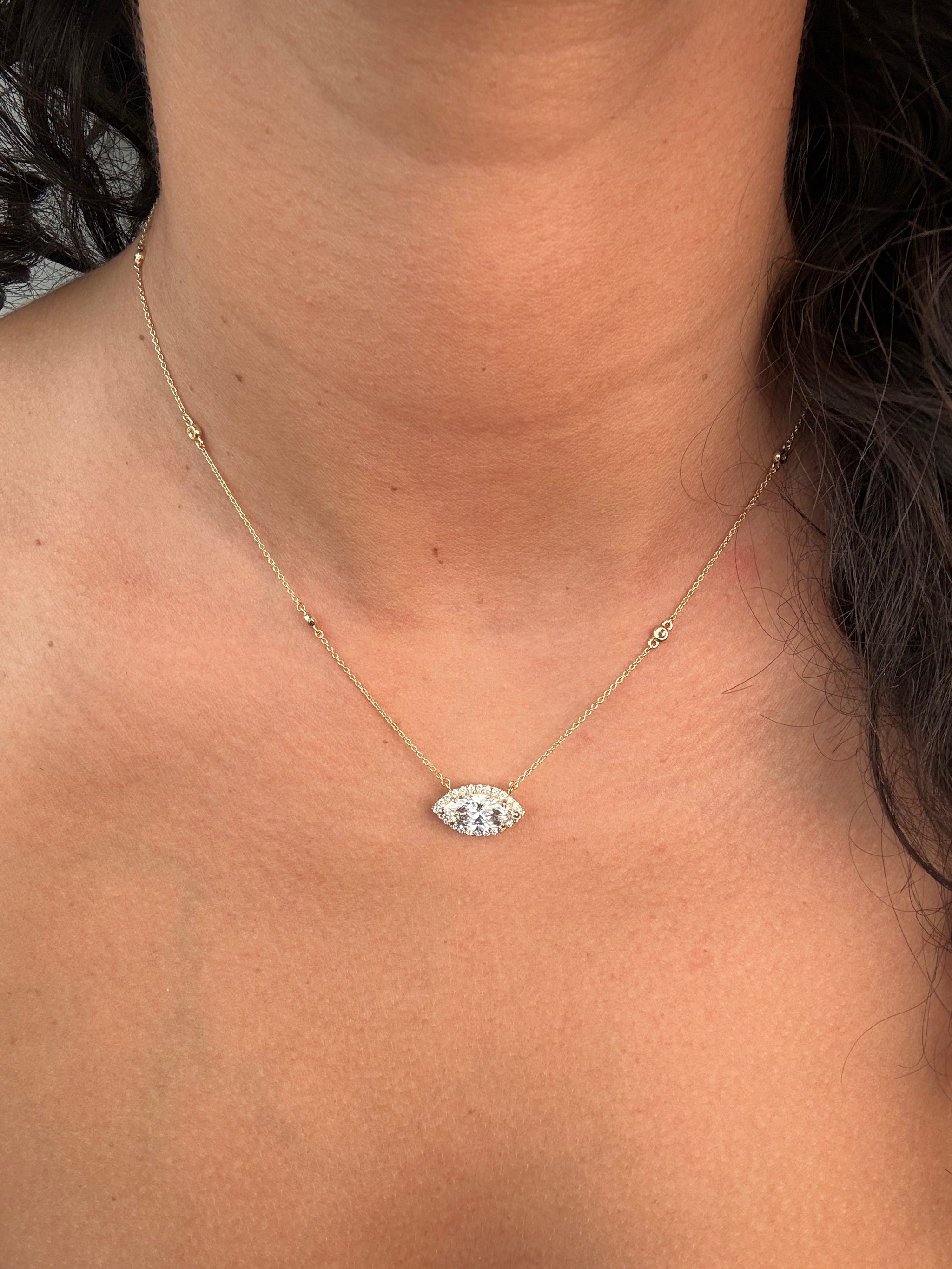 OBFJ0063 - 14k Gold Diamond by the Yard Necklace with Halo Marquise Center 6