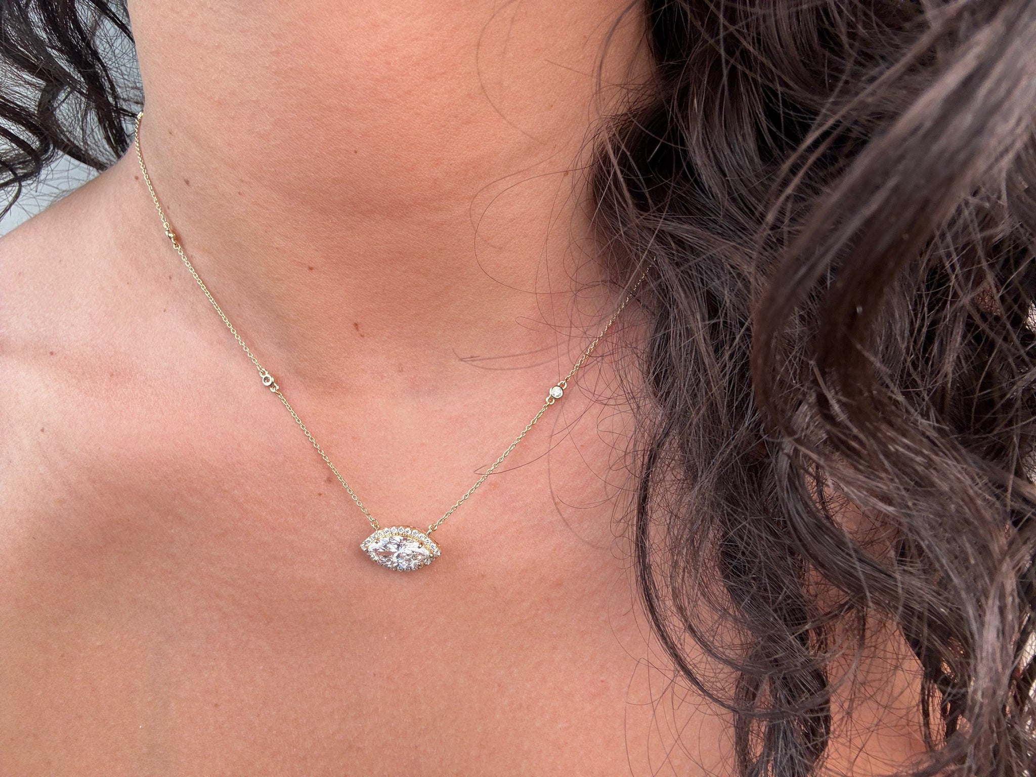 OBFJ0063 - 14k Gold Diamond by the Yard Necklace with Halo Marquise Center 7