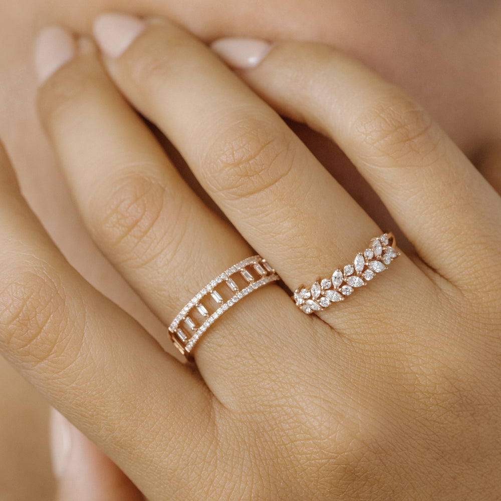 OBFJ1795 - 14k Double Row Micro Pave Diamond Ring with Baguette Diamond 5