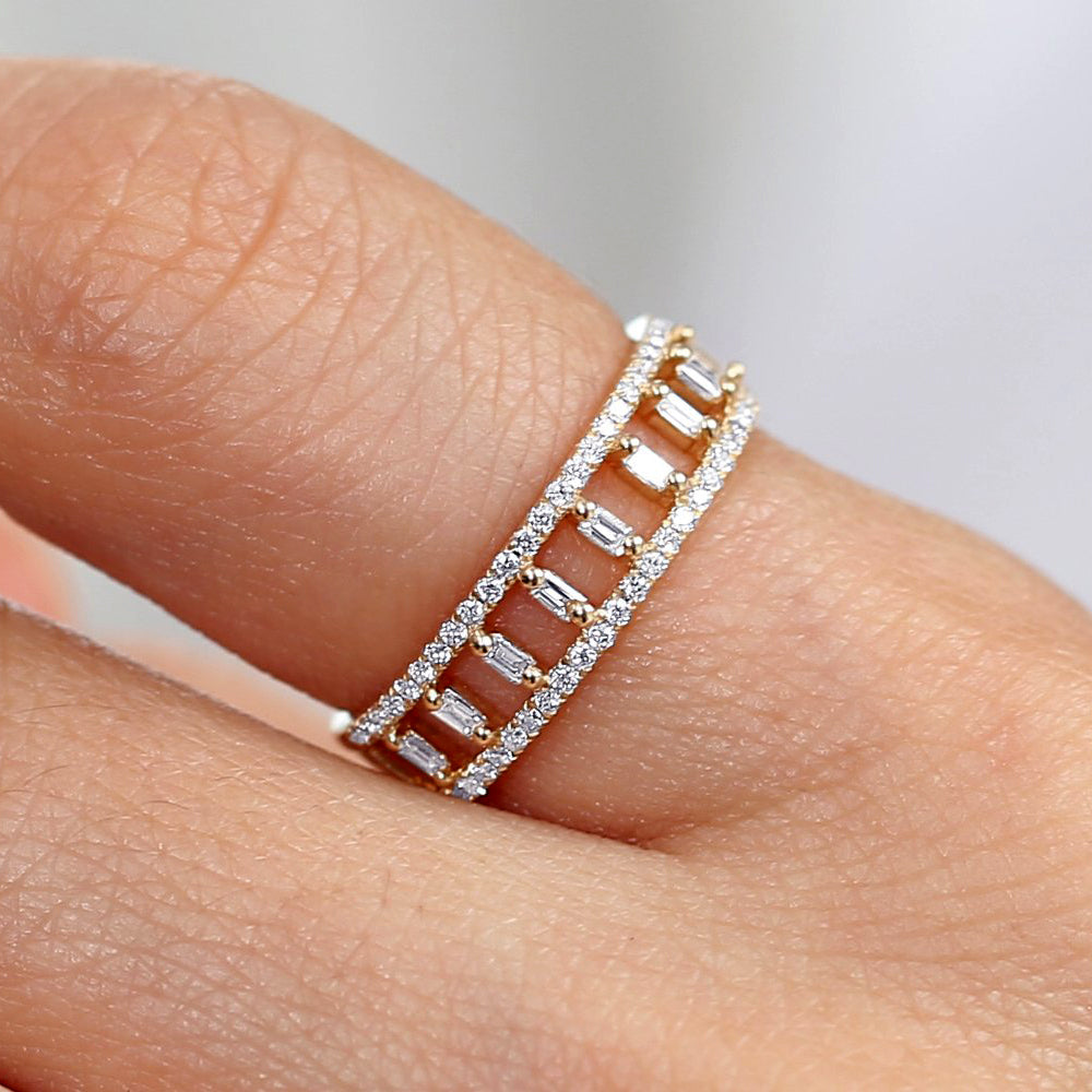 OBFJ1795 - 14k Double Row Micro Pave Diamond Ring with Baguette Diamond 2