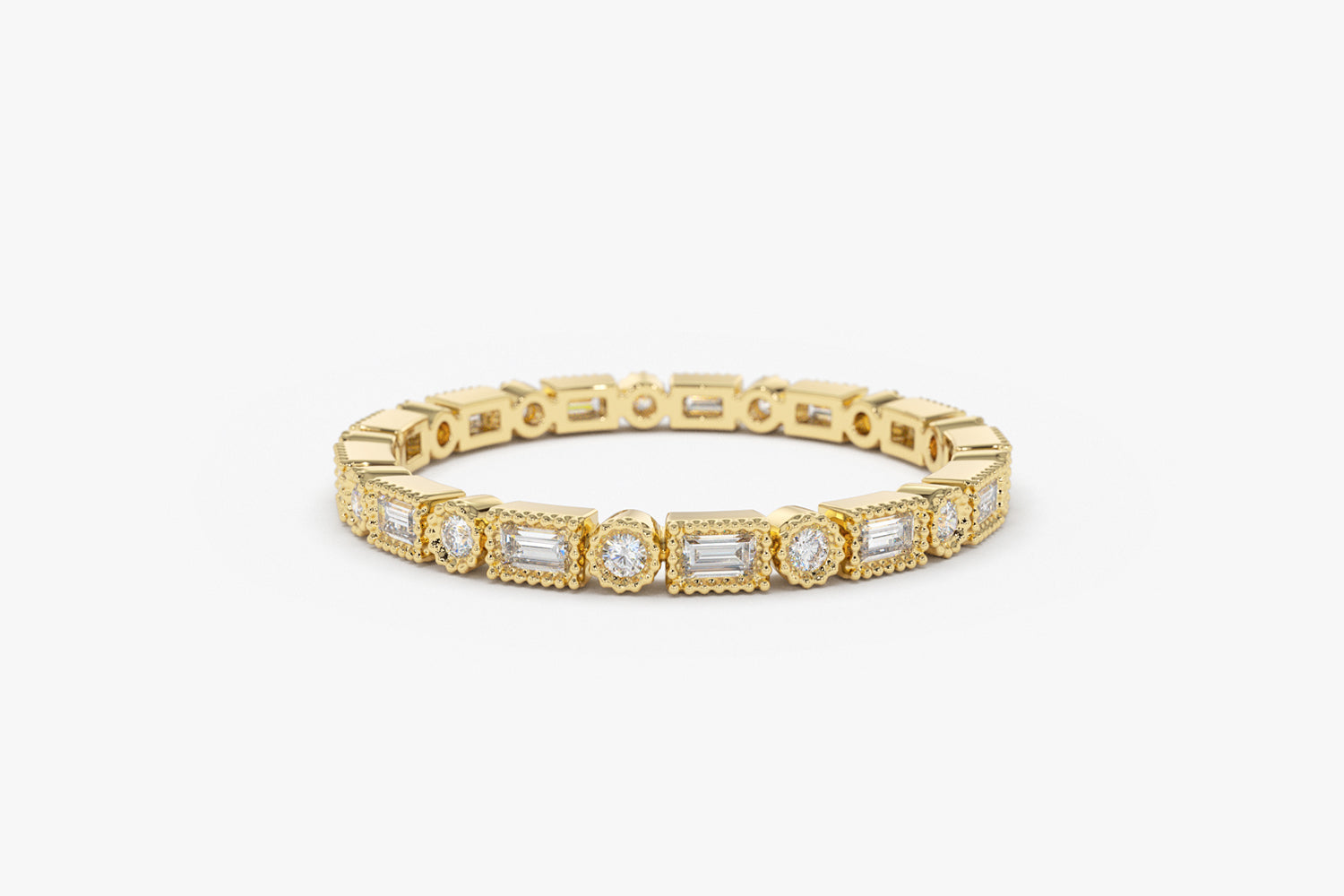 OBFJ1898 - 14K Baguette & Round Diamond Milgrain Bezel Full Eternity Ring 8