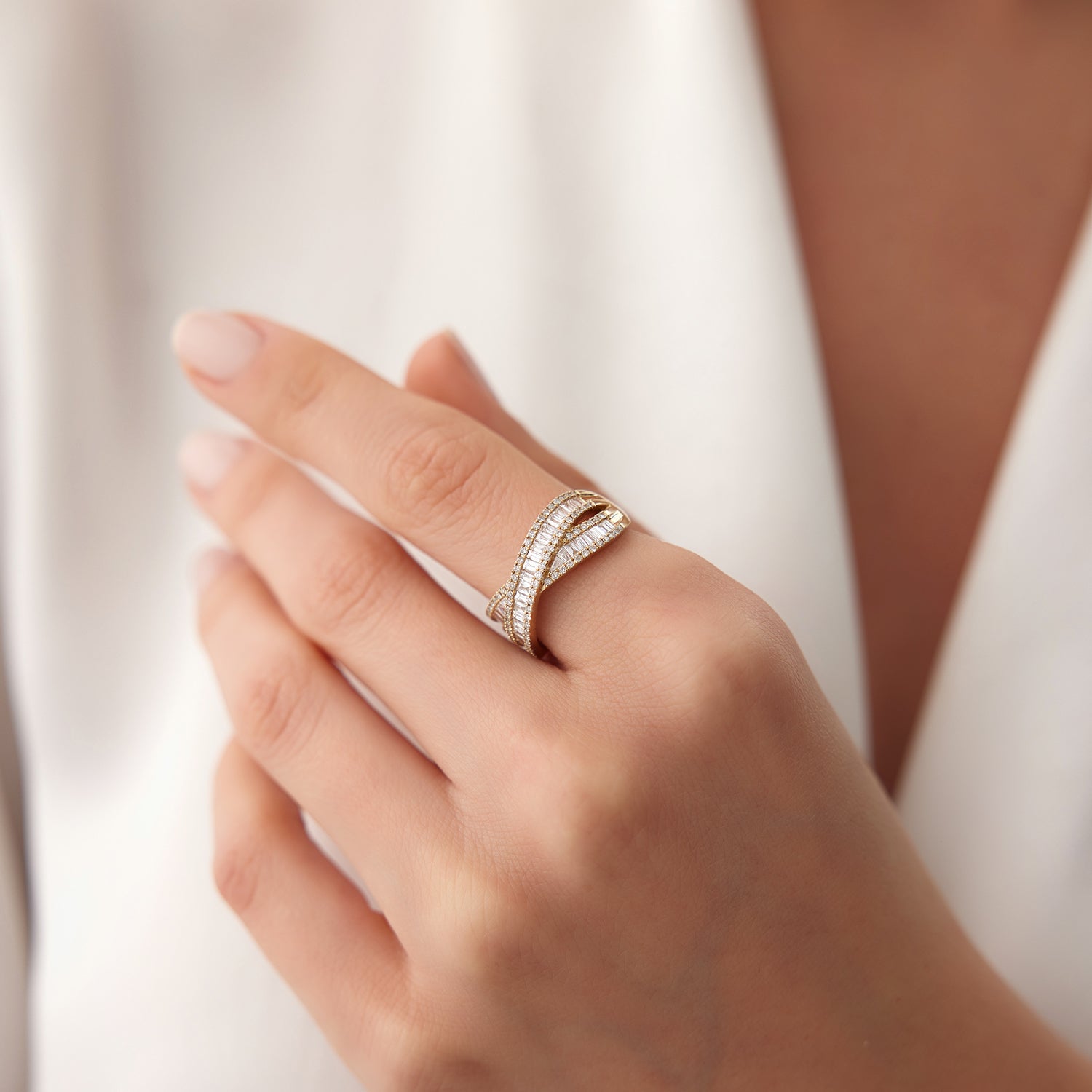 OBFJ1964 - 14k Baguette Diamond Crossover Ring 5