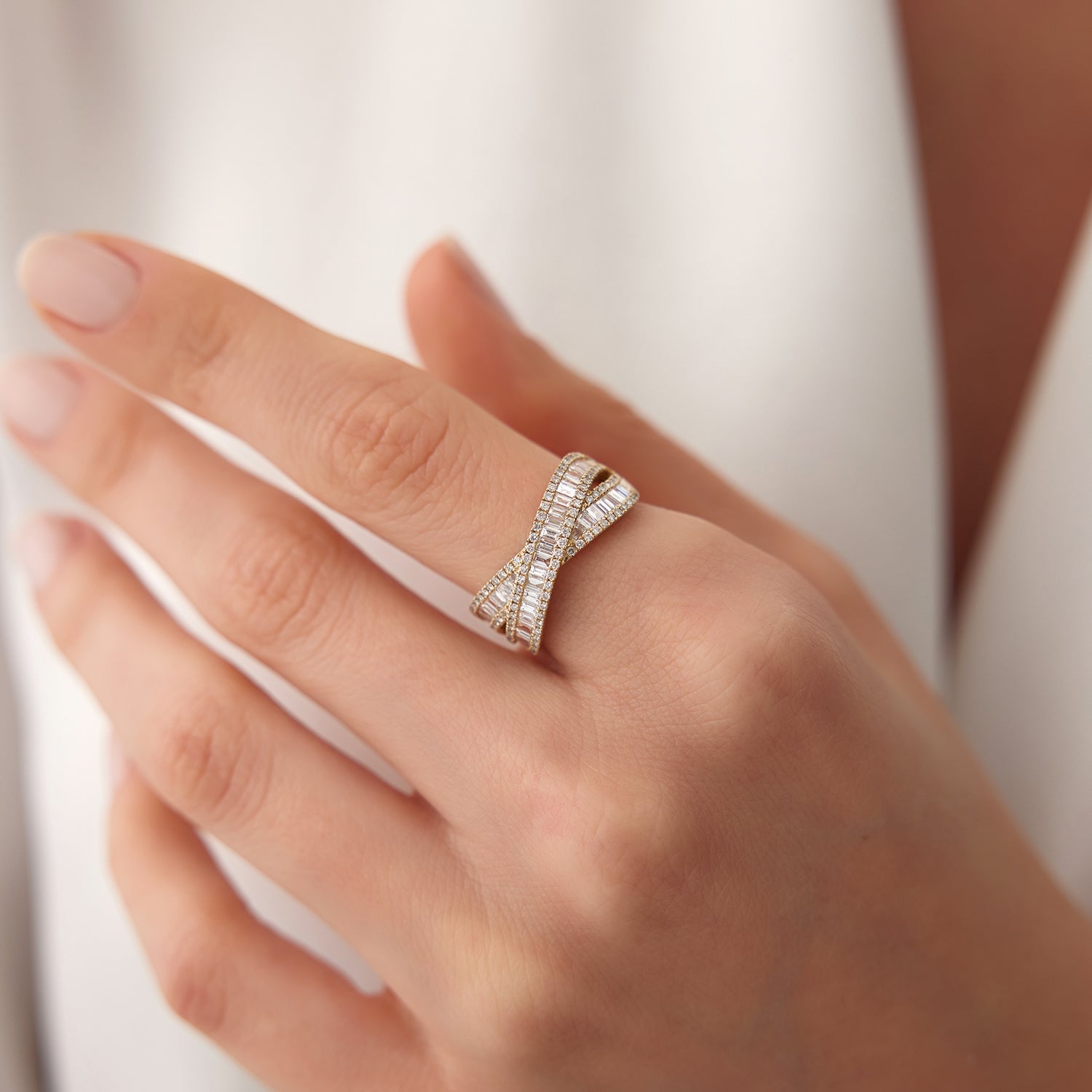 OBFJ1964 - 14k Baguette Diamond Crossover Ring 4
