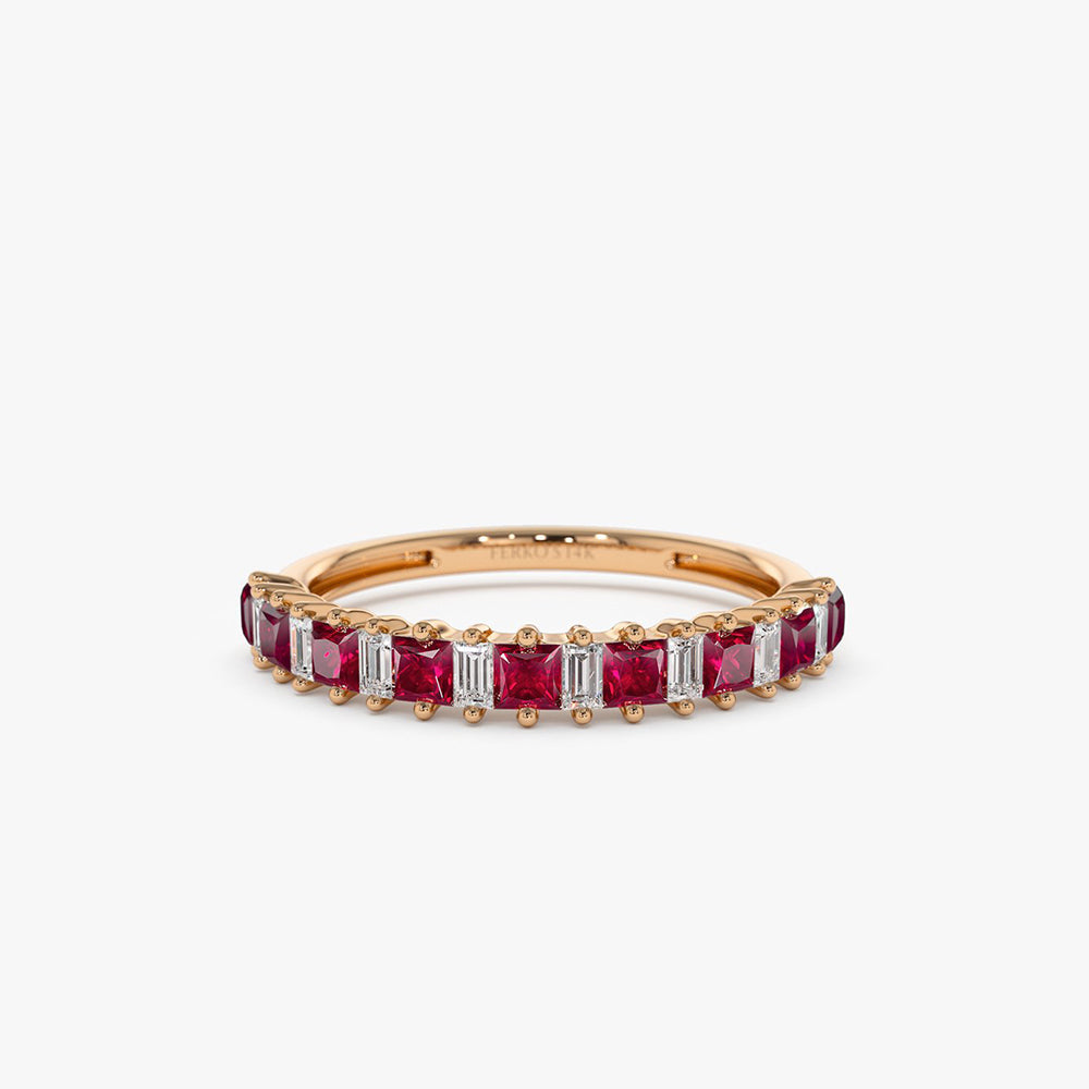 OBFJ2003 - 14k Unique Princess Cut Ruby and Baguette Diamond Ring 6