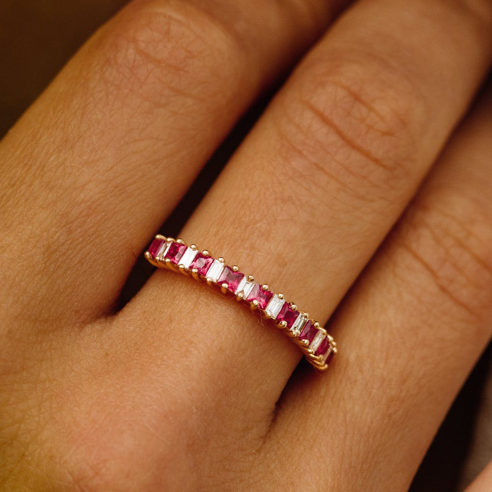 OBFJ2003 - 14k Unique Princess Cut Ruby and Baguette Diamond Ring 2