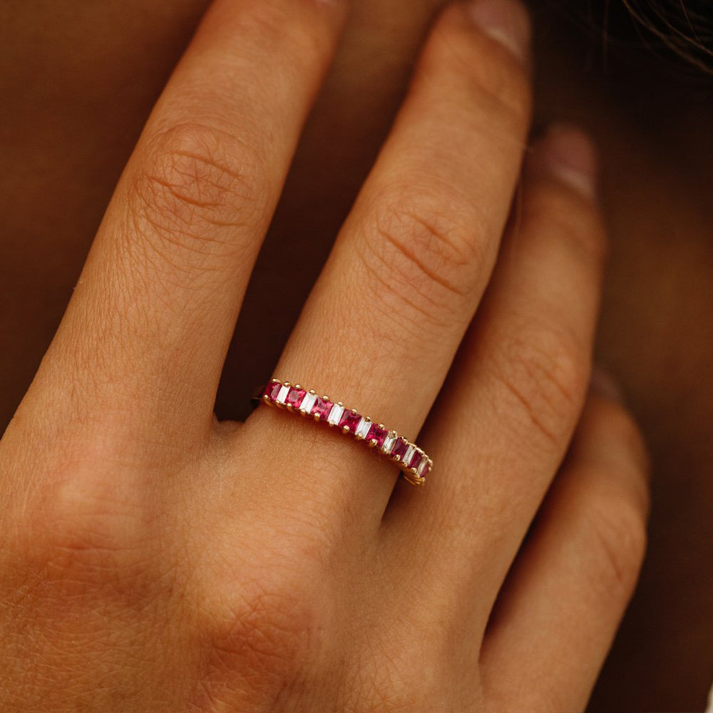 OBFJ2003 - 14k Unique Princess Cut Ruby and Baguette Diamond Ring 4