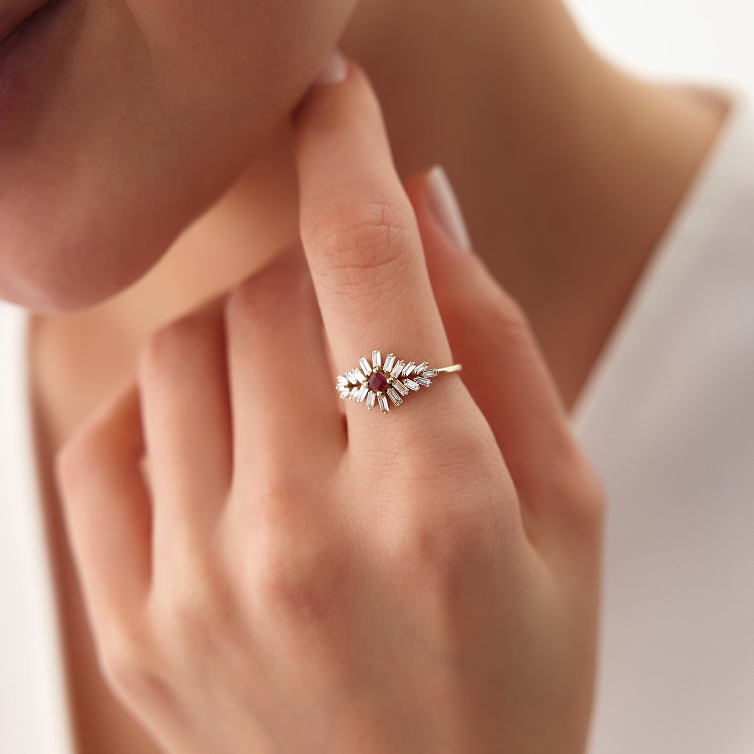 OBFJ1469 - 14K Baguette Diamond Ring with a Square Ruby 3