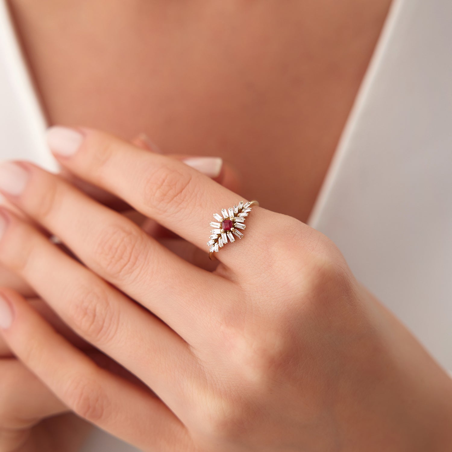 OBFJ1469 - 14K Baguette Diamond Ring with a Square Ruby 2