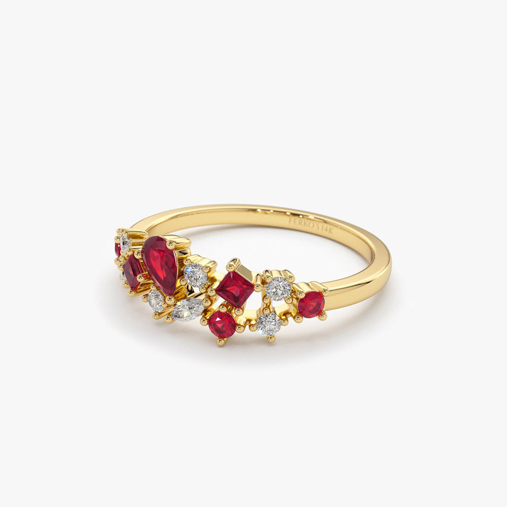 OBFJ2069 - 14k Ruby and Diamond Mixed Shape Cluster Ring 6