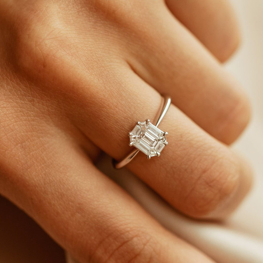 OBFJ1992 - 14k Double Claw Step Cut Illusion Solitaire Engagement Ring 2