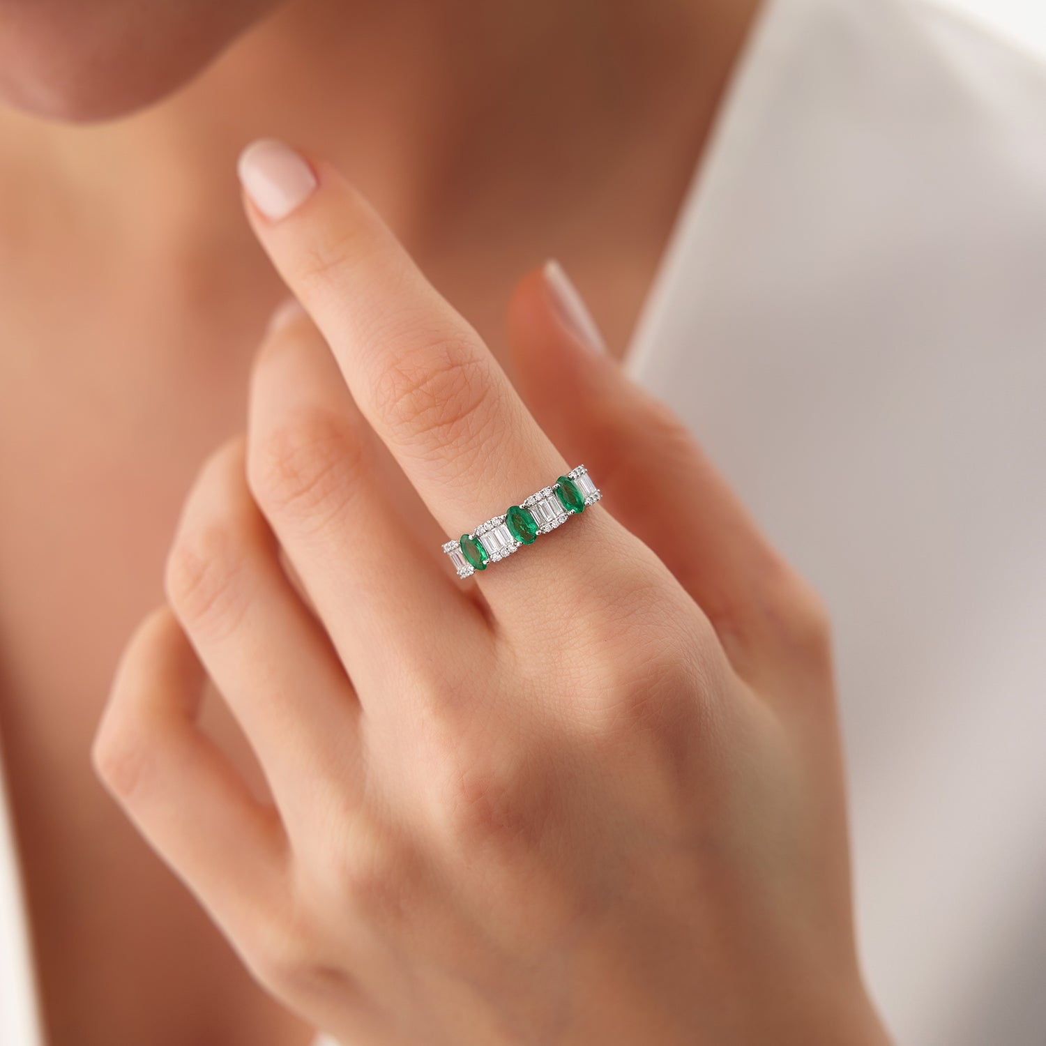OBFJ2042 - 14K Baguette & Round Diamond with Genuine Emerald Ring 2