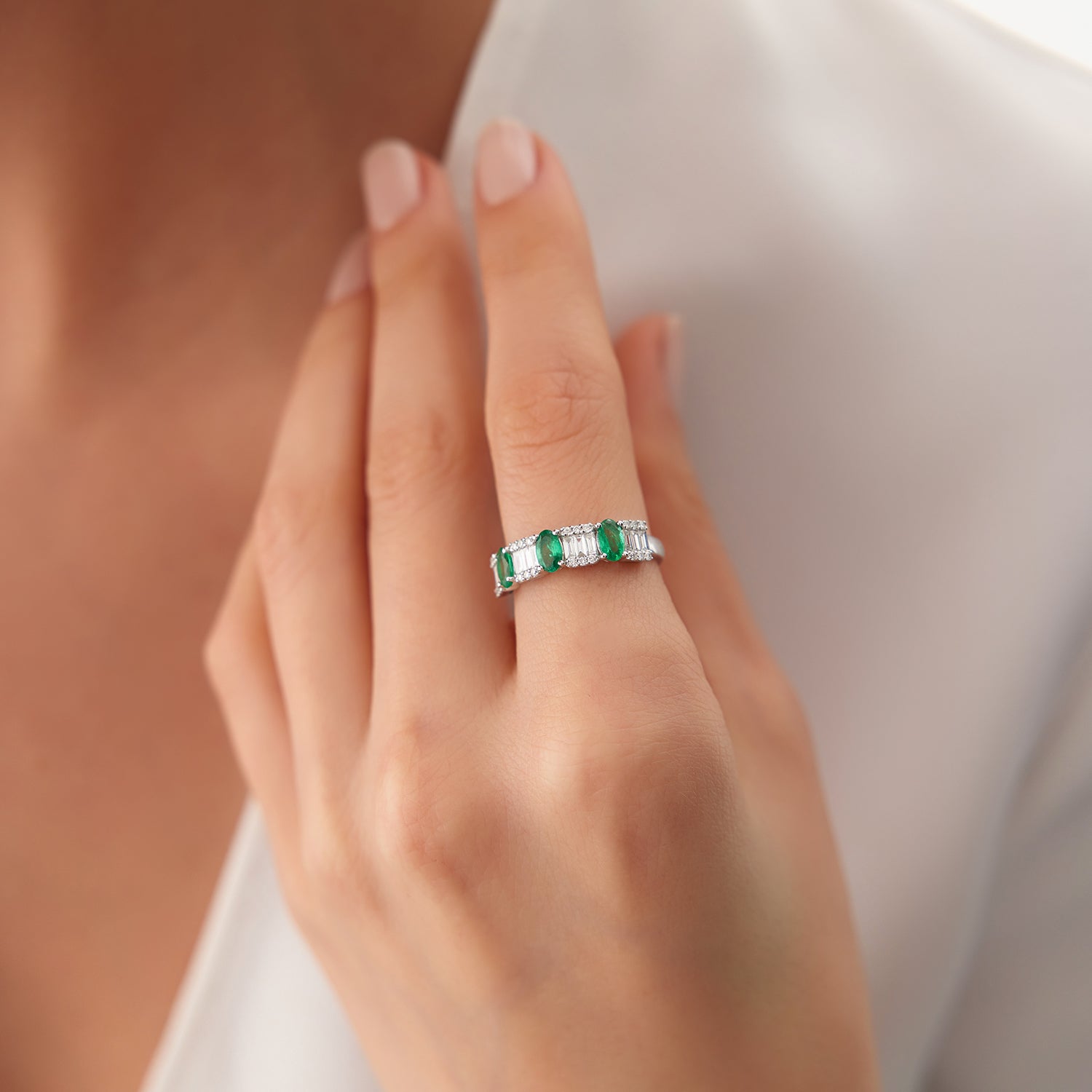 OBFJ2042 - 14K Baguette & Round Diamond with Genuine Emerald Ring 3