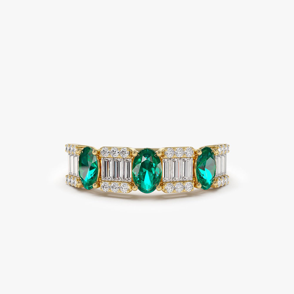 OBFJ2042 - 14K Baguette & Round Diamond with Genuine Emerald Ring 1