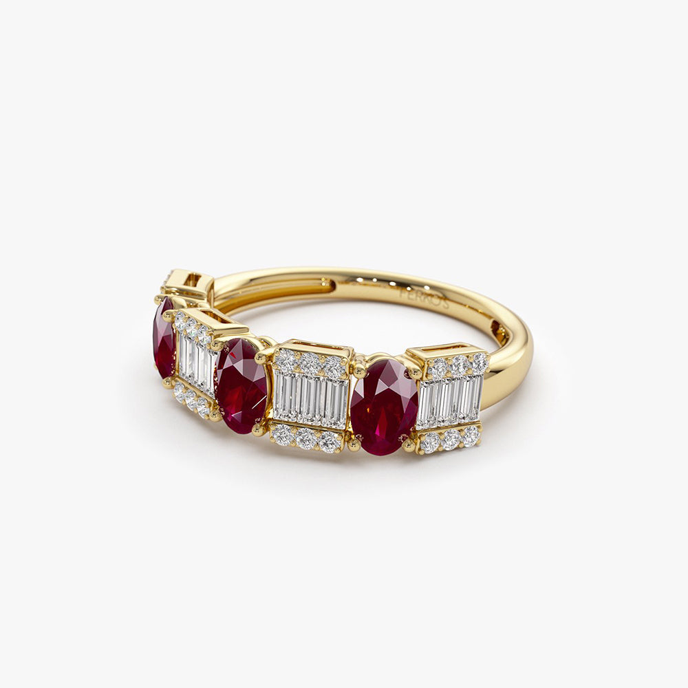 OBFJ2043 - 14K Baguette & Round Diamond with Genuine Ruby Ring 7