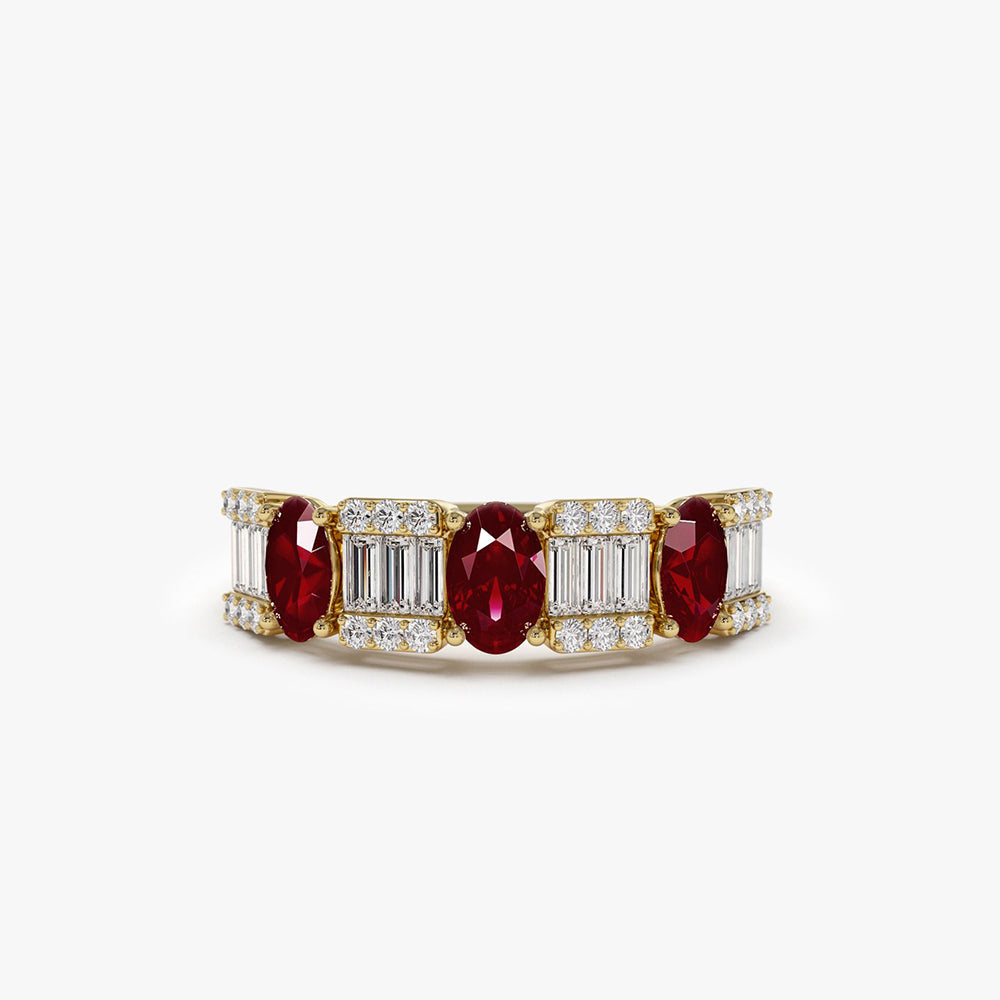 OBFJ2043 - 14K Baguette & Round Diamond with Genuine Ruby Ring 1