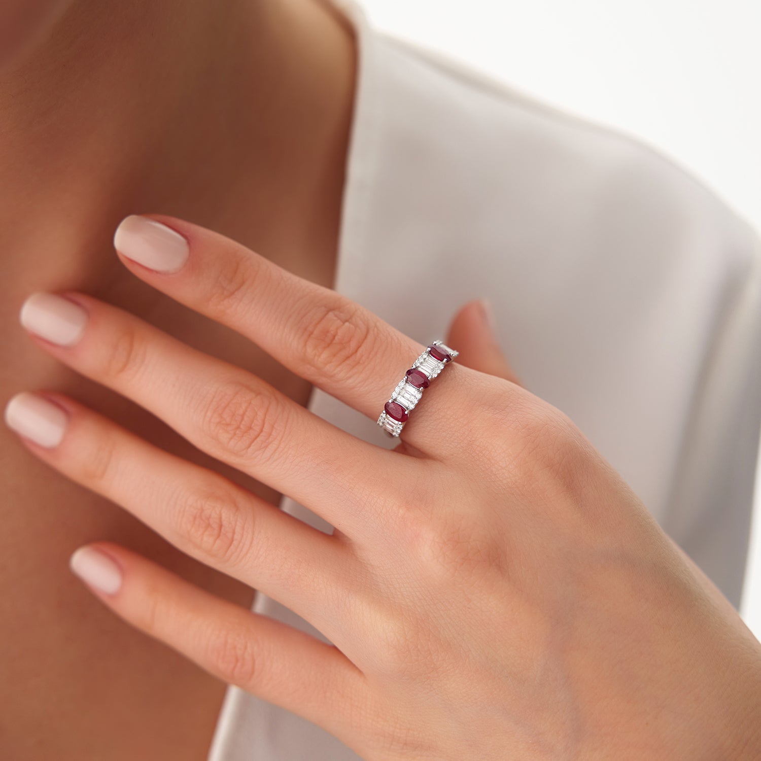 OBFJ2043 - 14K Baguette & Round Diamond with Genuine Ruby Ring 3