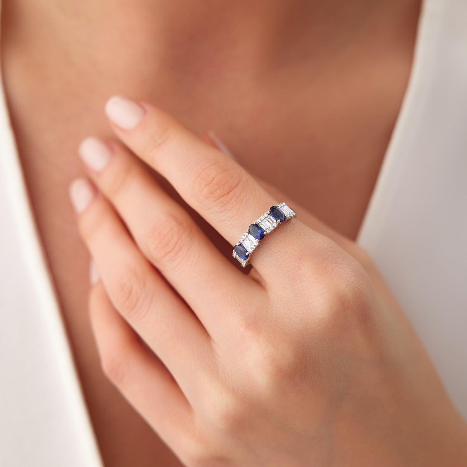 OBFJ2147 - 14K Baguette & Round Diamond with Genuine Sapphire Ring 2