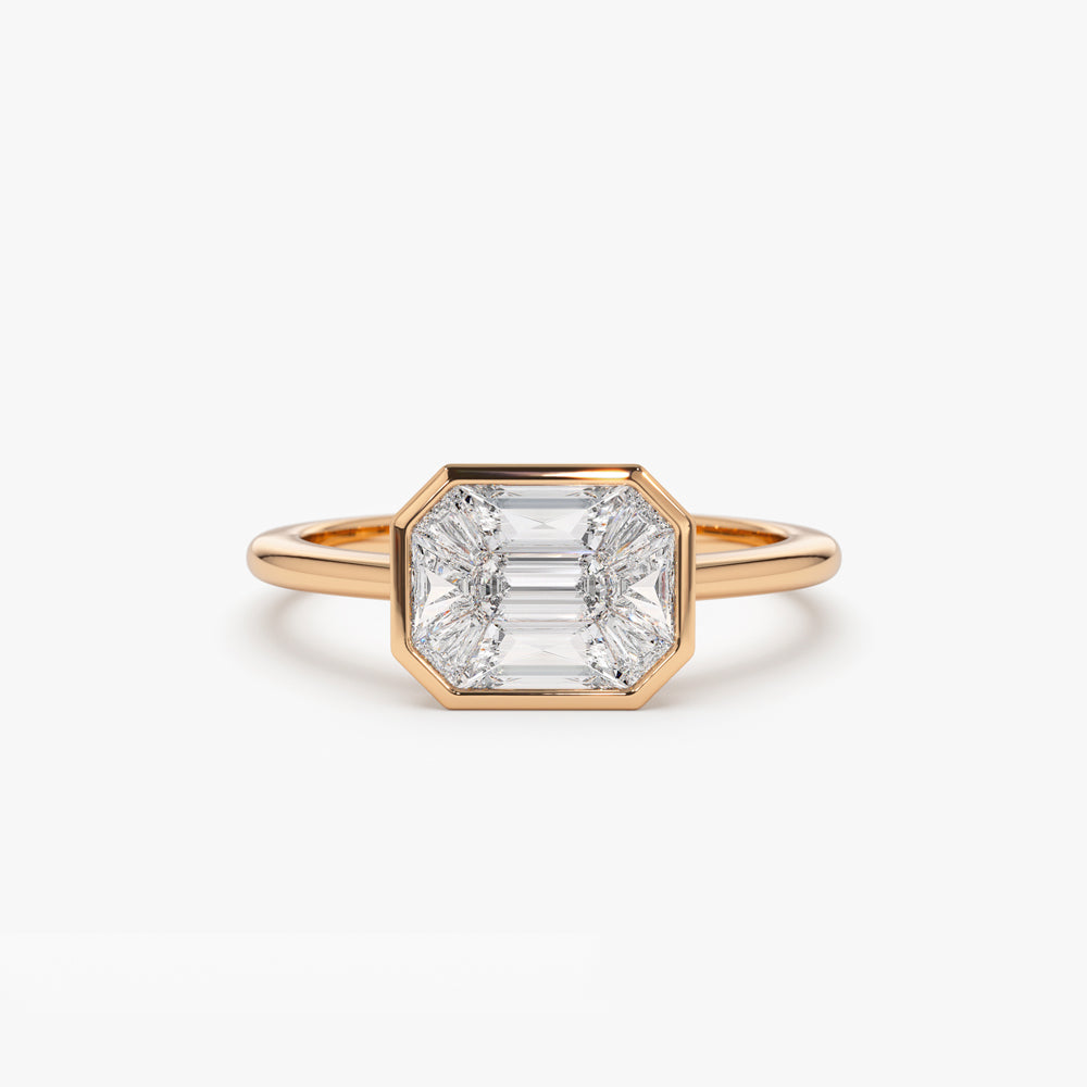 OBFJ1528 - 14k East West Illusion Setting Emerald Pie Cut Diamond Ring 6