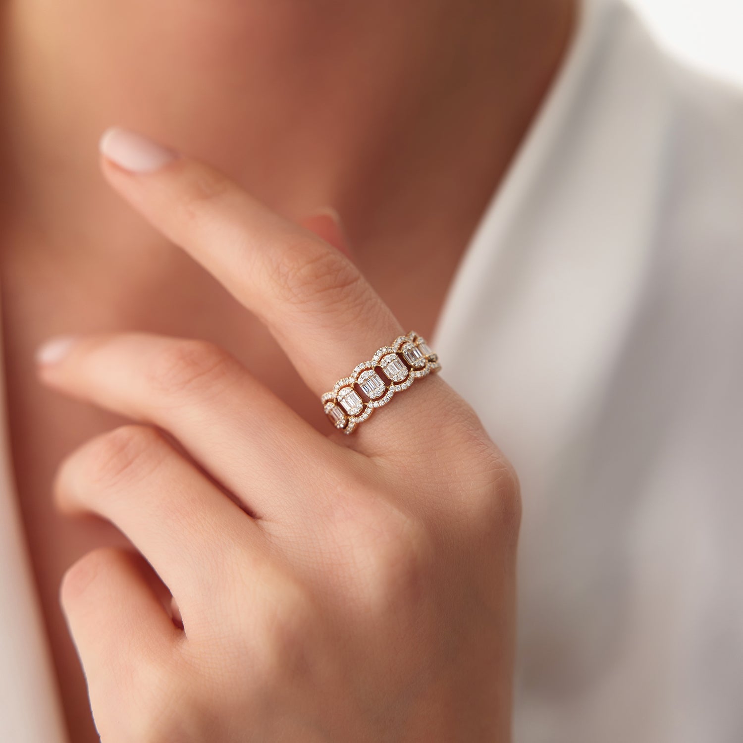 OBFJ2116 - 14k Baguette Diamond Ring in Halo Setting 4