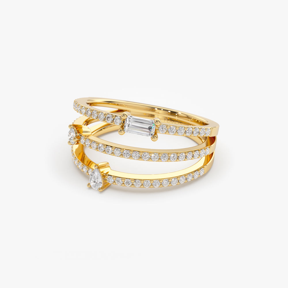 OBFJ2168 - 14k Gold Triple Row Mix Diamond Statement Ring 7