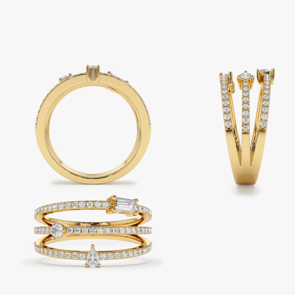 OBFJ2168 - 14k Gold Triple Row Mix Diamond Statement Ring 8