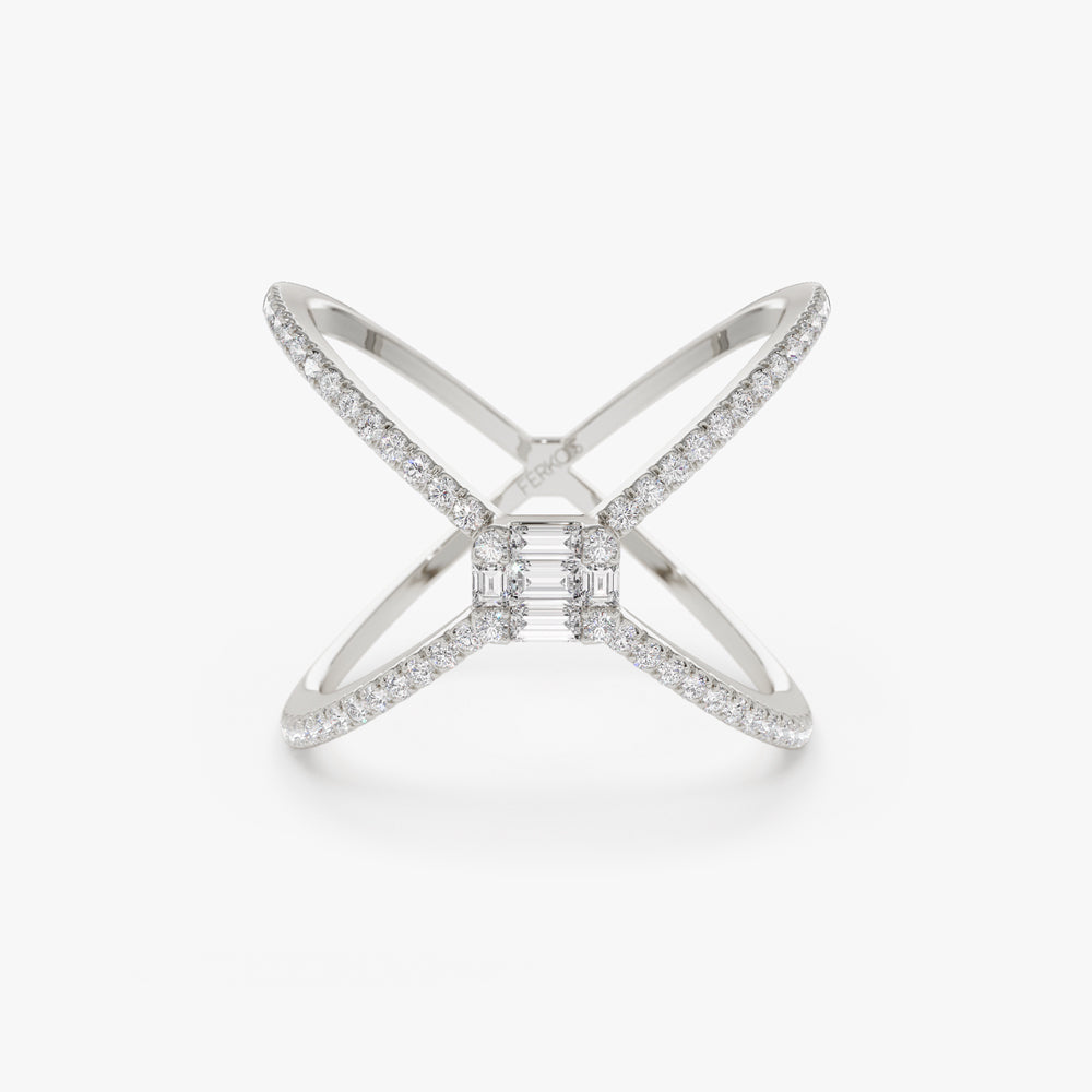 OBFJ2076 - 14k Gold Baguette and Round Diamond Illusion Setting Statement Ring 6