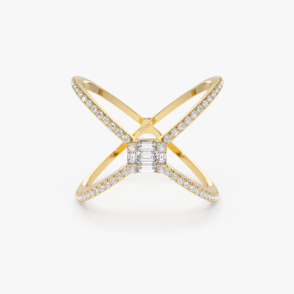 OBFJ2076 - 14k Gold Baguette and Round Diamond Illusion Setting Statement Ring 1