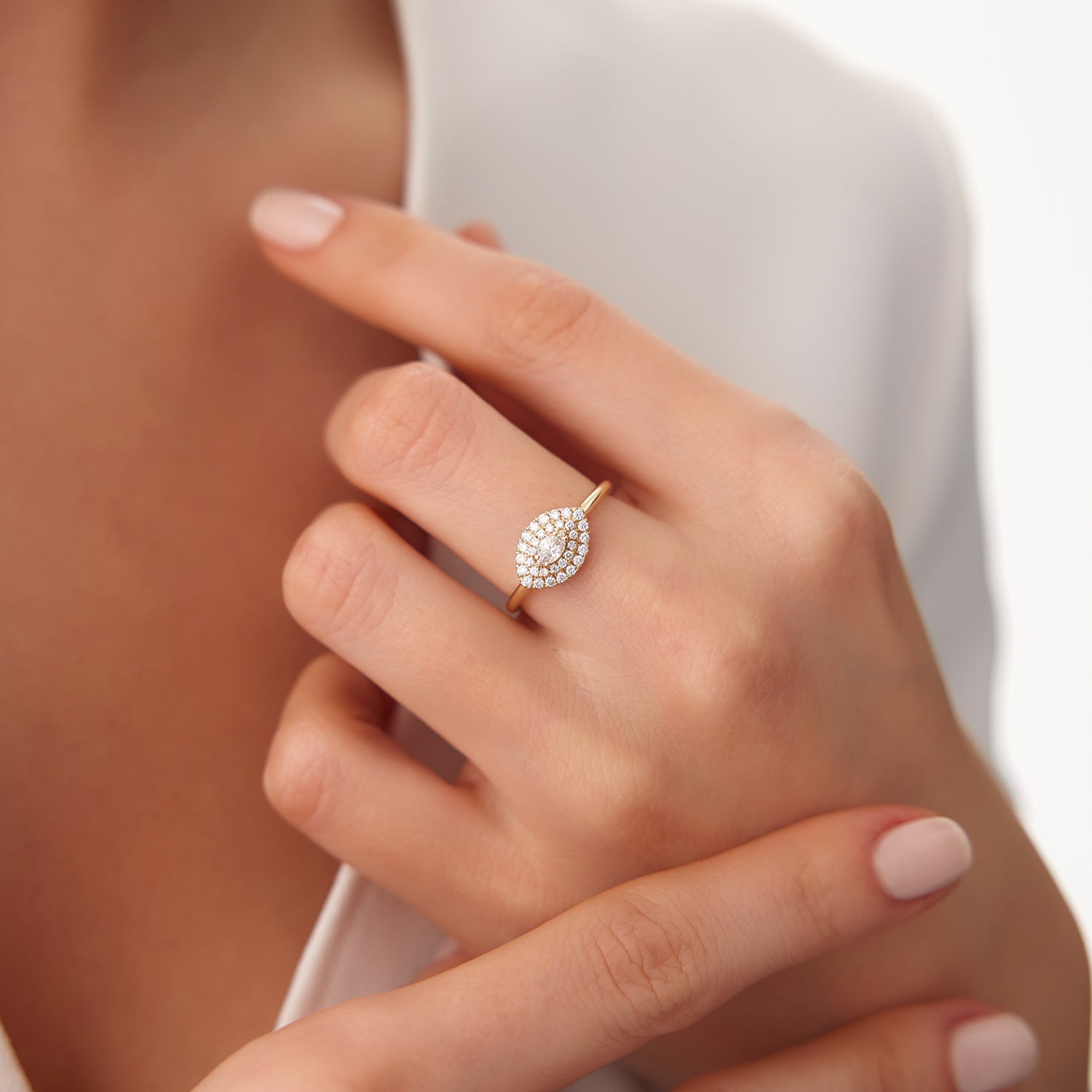 OBFJ1527 - 14k East to West Double Halo Marquise Diamond Ring 2