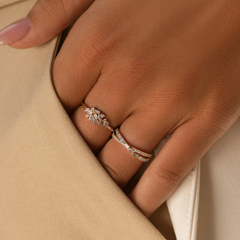 OBFJ2196 - 14k Mix Baguette and Round Diamond Crossover Ring 2