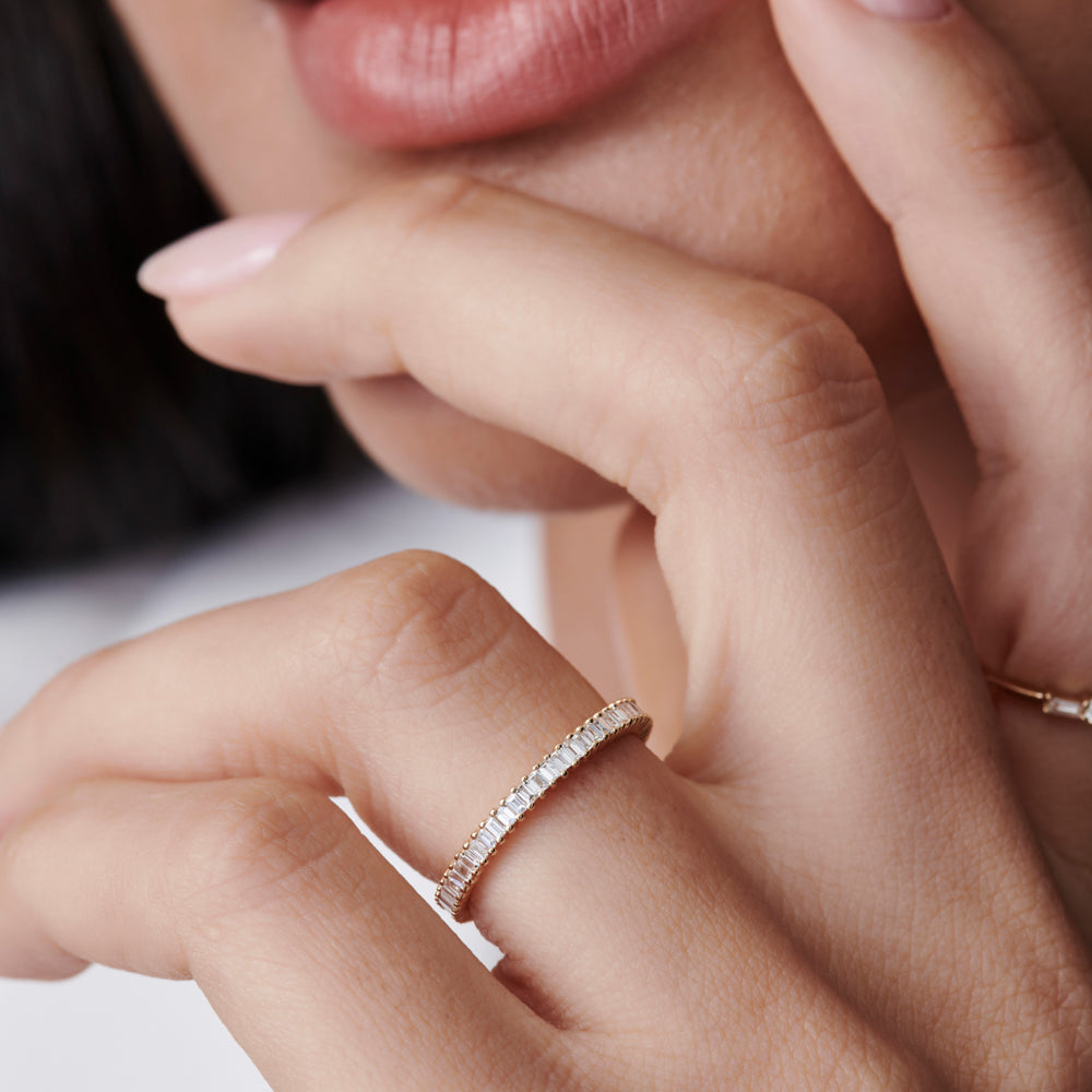 OBFJ1127 - 14k Dainty Stackable Full Eternity Baguette Diamond Ring 2