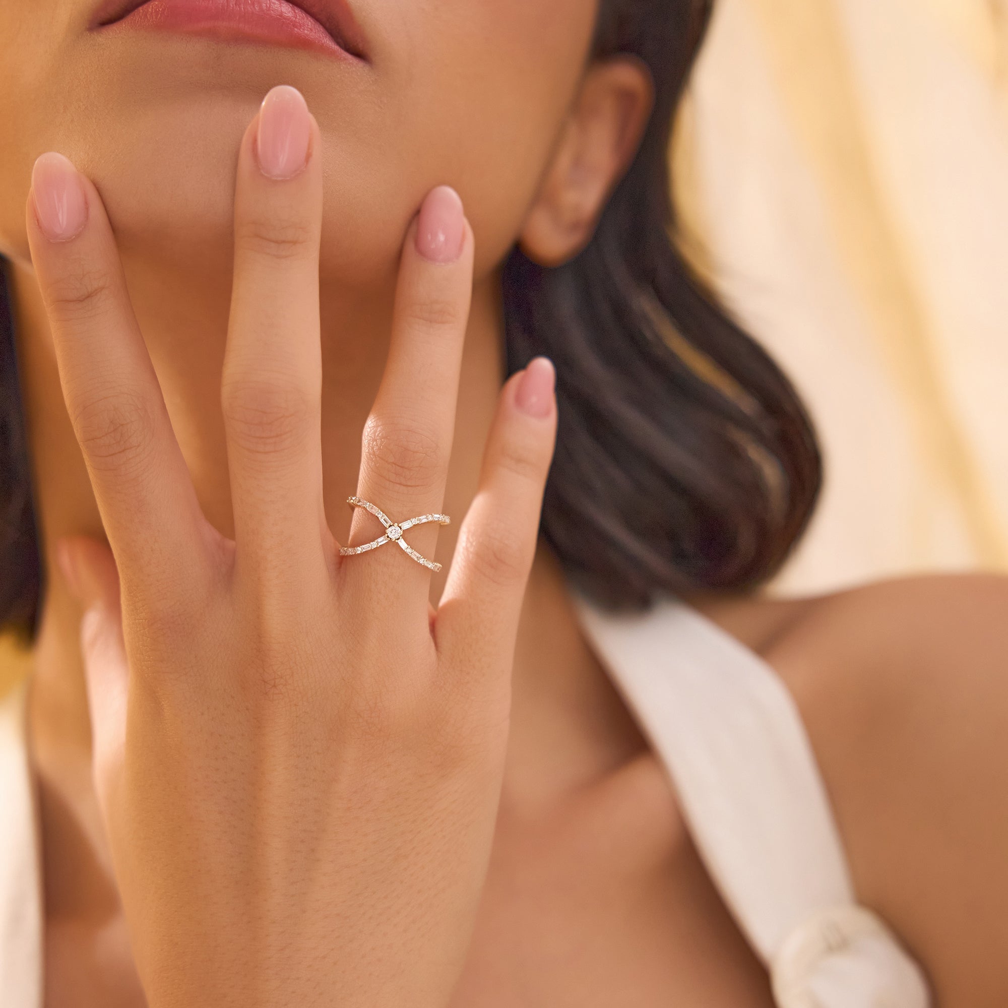 OBFJ2237 - Baguette & Round Diamond Crisscross Ring in 14k Gold 4