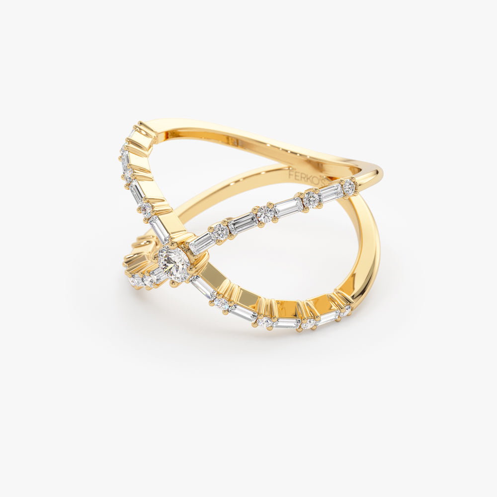 OBFJ2237 - Baguette & Round Diamond Crisscross Ring in 14k Gold 9