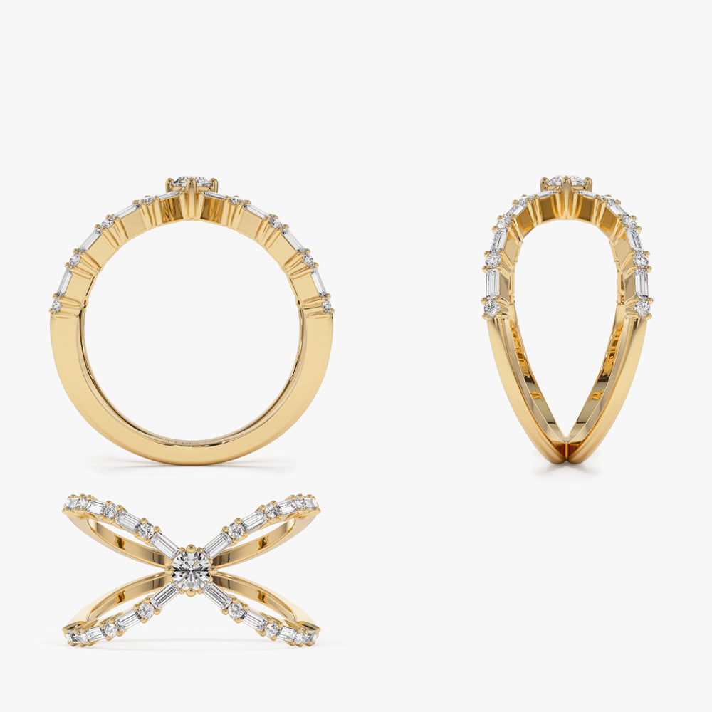 OBFJ2237 - Baguette & Round Diamond Crisscross Ring in 14k Gold 10