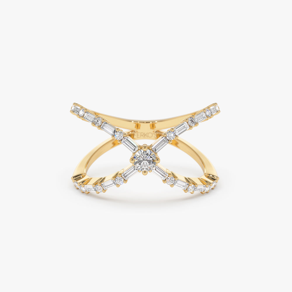 OBFJ2237 - Baguette & Round Diamond Crisscross Ring in 14k Gold 1