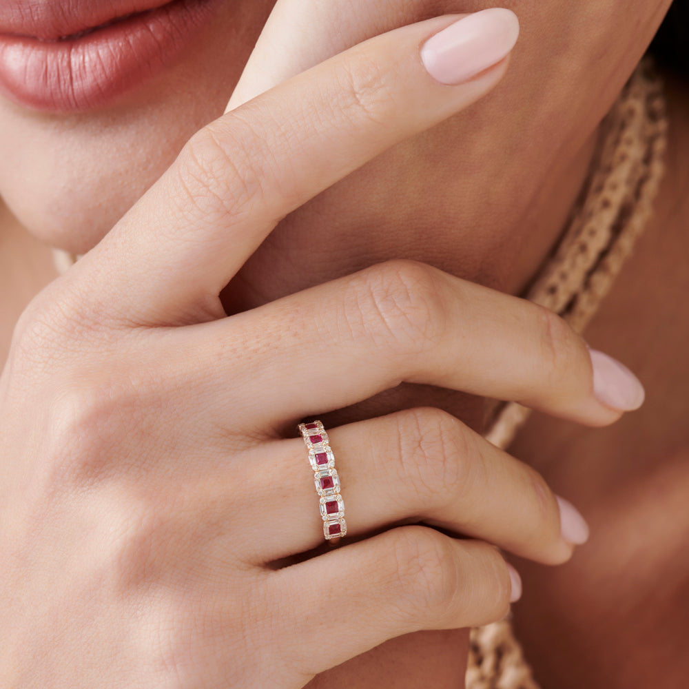 OBFJ2259 - 14k Princess Cut Ruby W/ Baguette and Round Diamond Ring 3