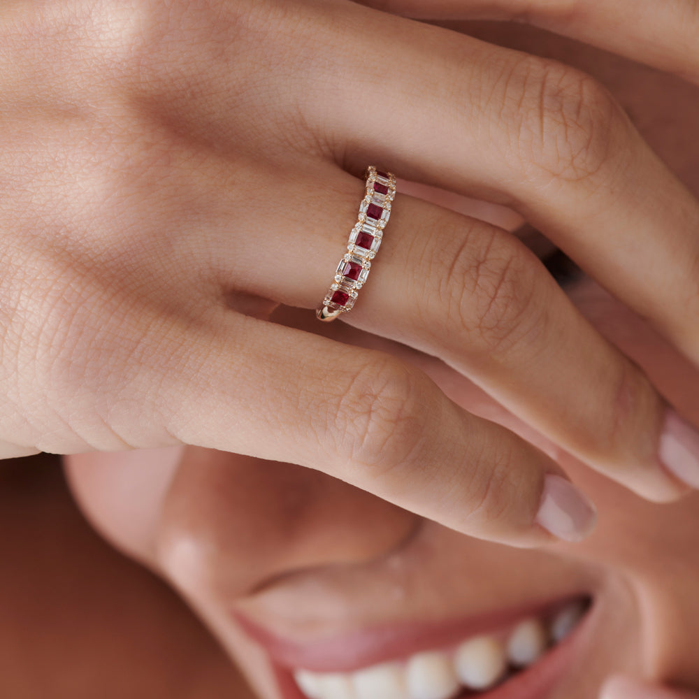 OBFJ2259 - 14k Princess Cut Ruby W/ Baguette and Round Diamond Ring 2