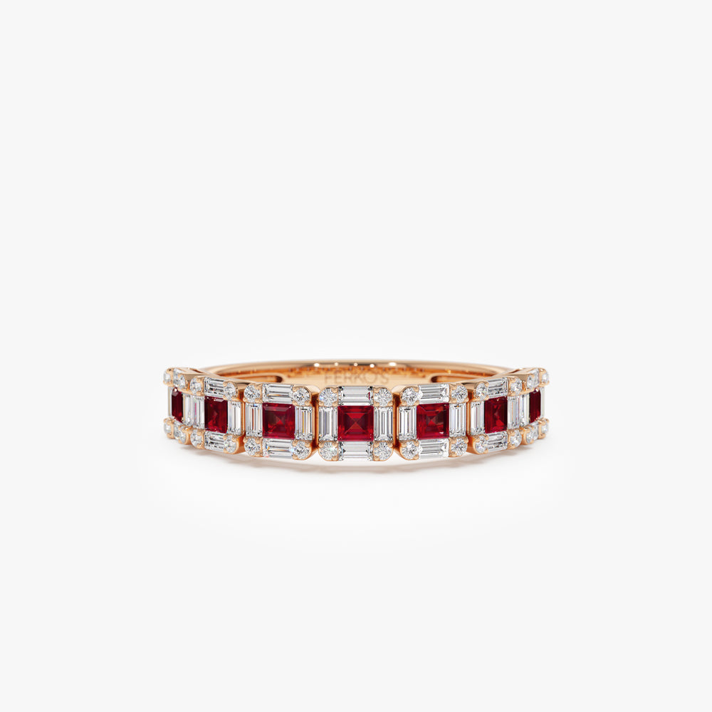 OBFJ2259 - 14k Princess Cut Ruby W/ Baguette and Round Diamond Ring 6