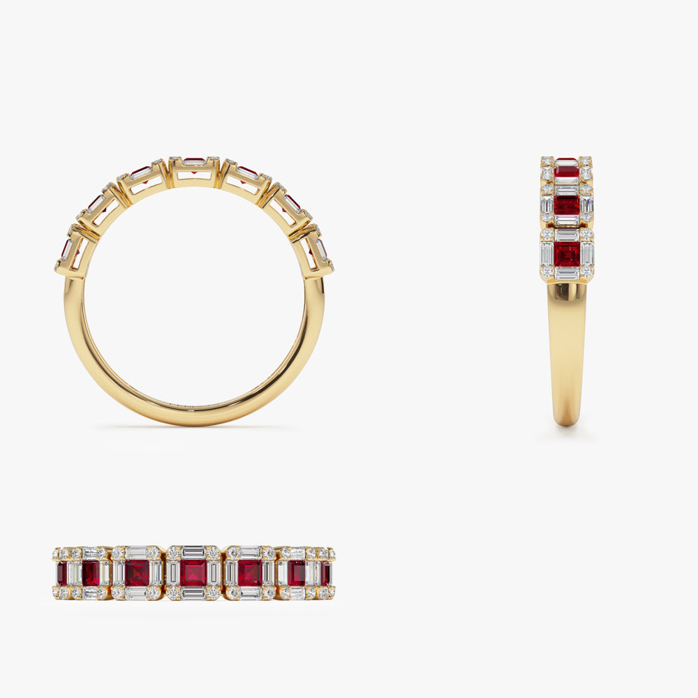 OBFJ2259 - 14k Princess Cut Ruby W/ Baguette and Round Diamond Ring 9