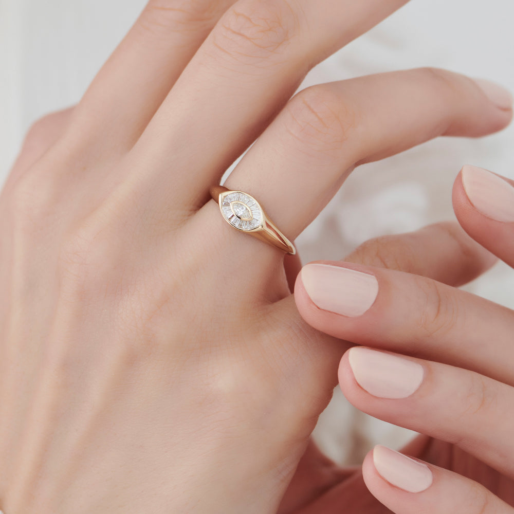 OBFJ1554 - 14k Gold Marquise Shape Baguette Diamond Ring 3