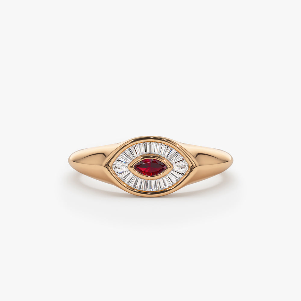 OBFJ1551 - 14k Marquise Shaped Ruby and Baguette Diamond Ring 4