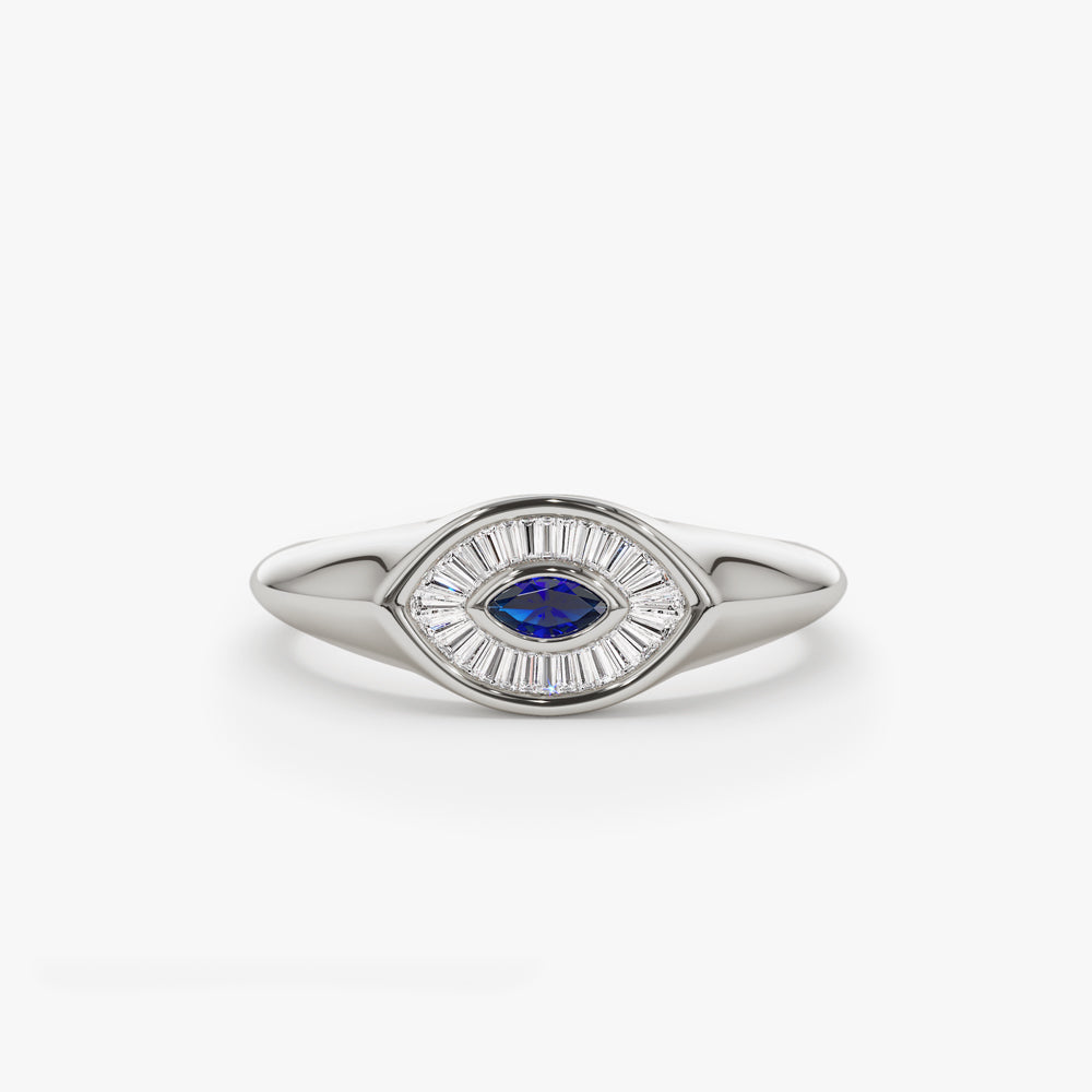 OBFJ1553 - 14k Marquise Shaped Sapphire and Baguette Diamond Ring 6