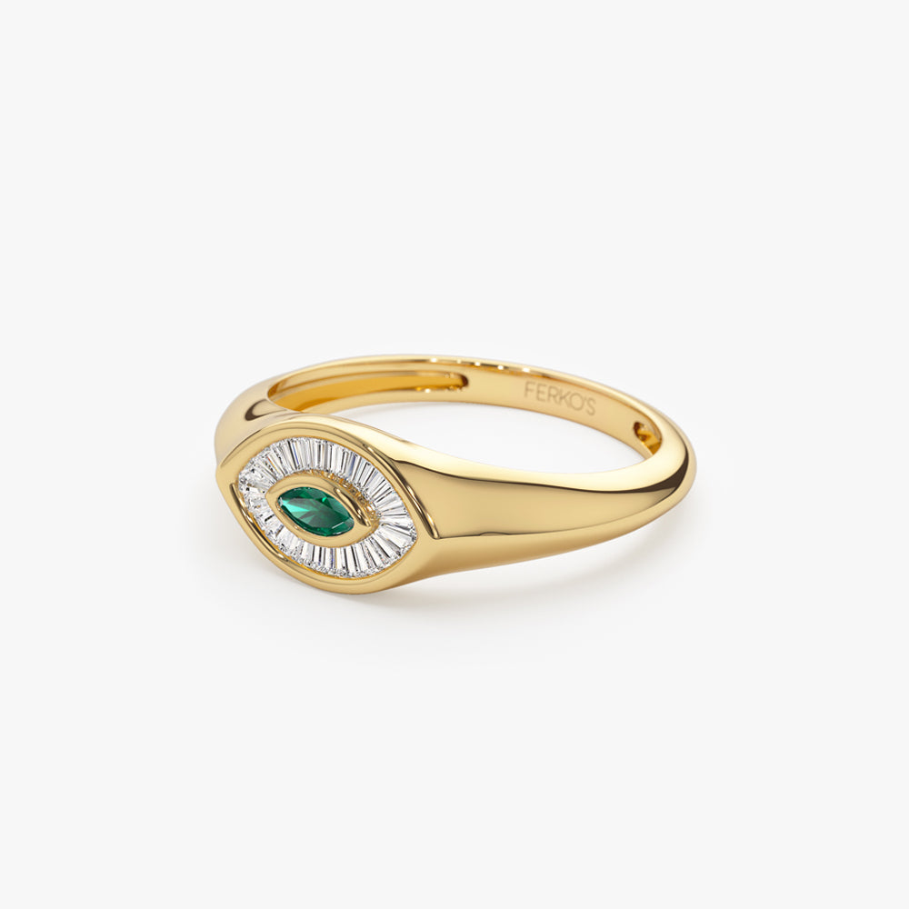 OBFJ1552 - 14k Marquise Shaped Emerald and Baguette Diamond Ring 8