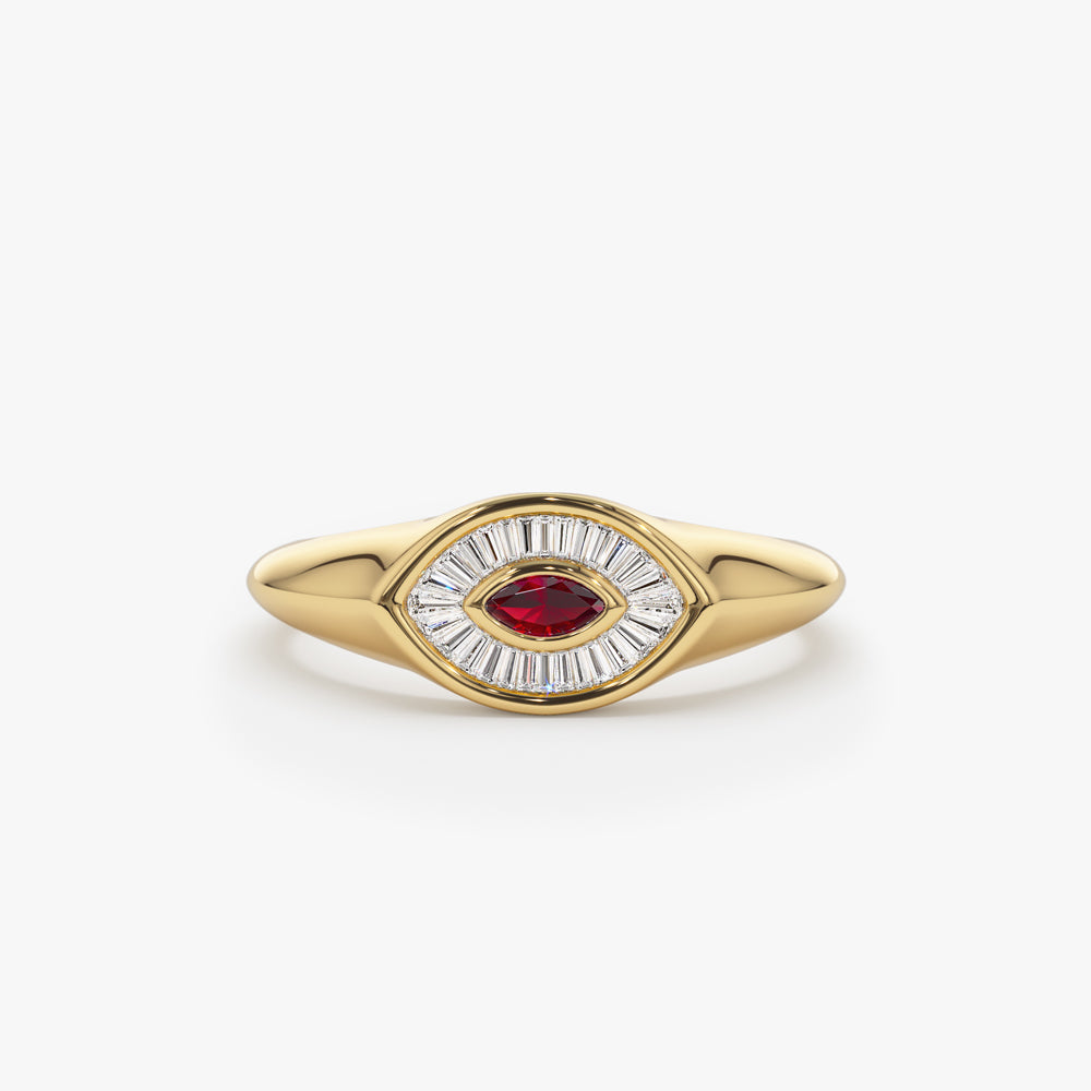OBFJ1551 - 14k Marquise Shaped Ruby and Baguette Diamond Ring 1