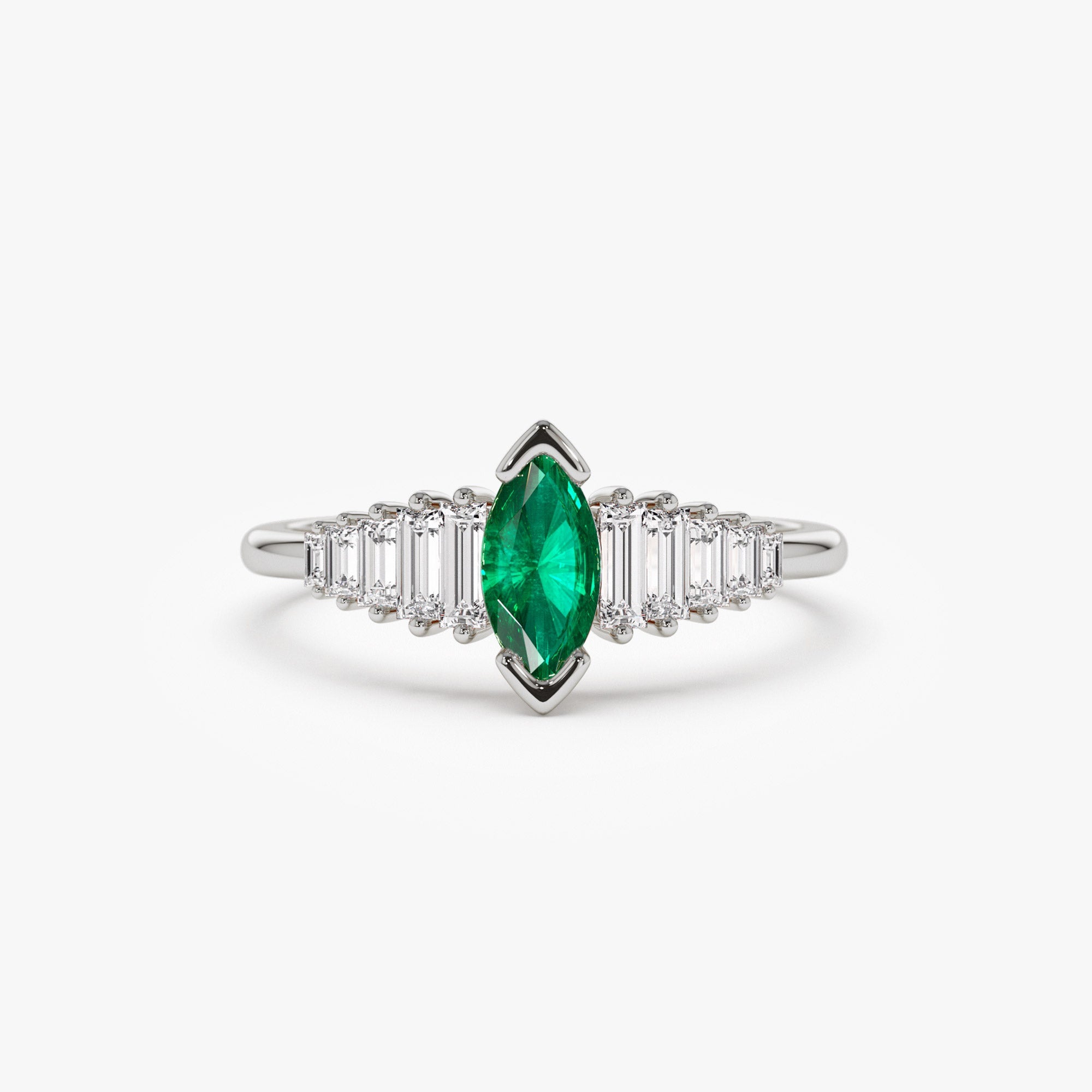 OBFJ1214 - 14k Gold Marquise Shape Emerald Ring with Baguette Accents 6