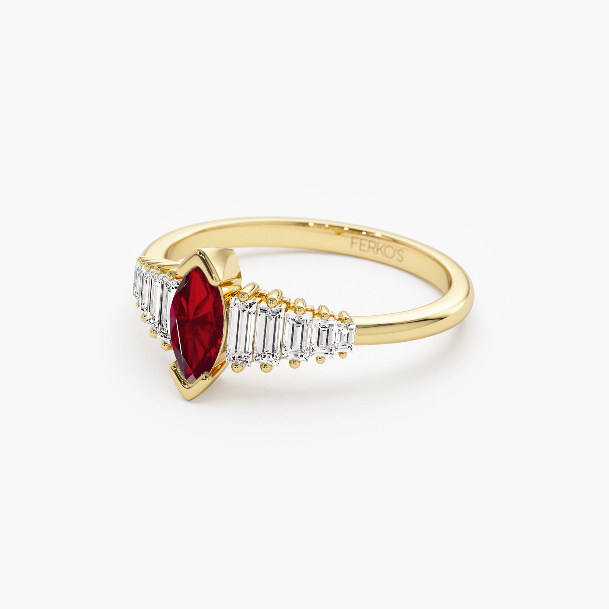 OBFJ1213 - 14k Gold Marquise Shape Ruby Ring with Baguette Accents 7