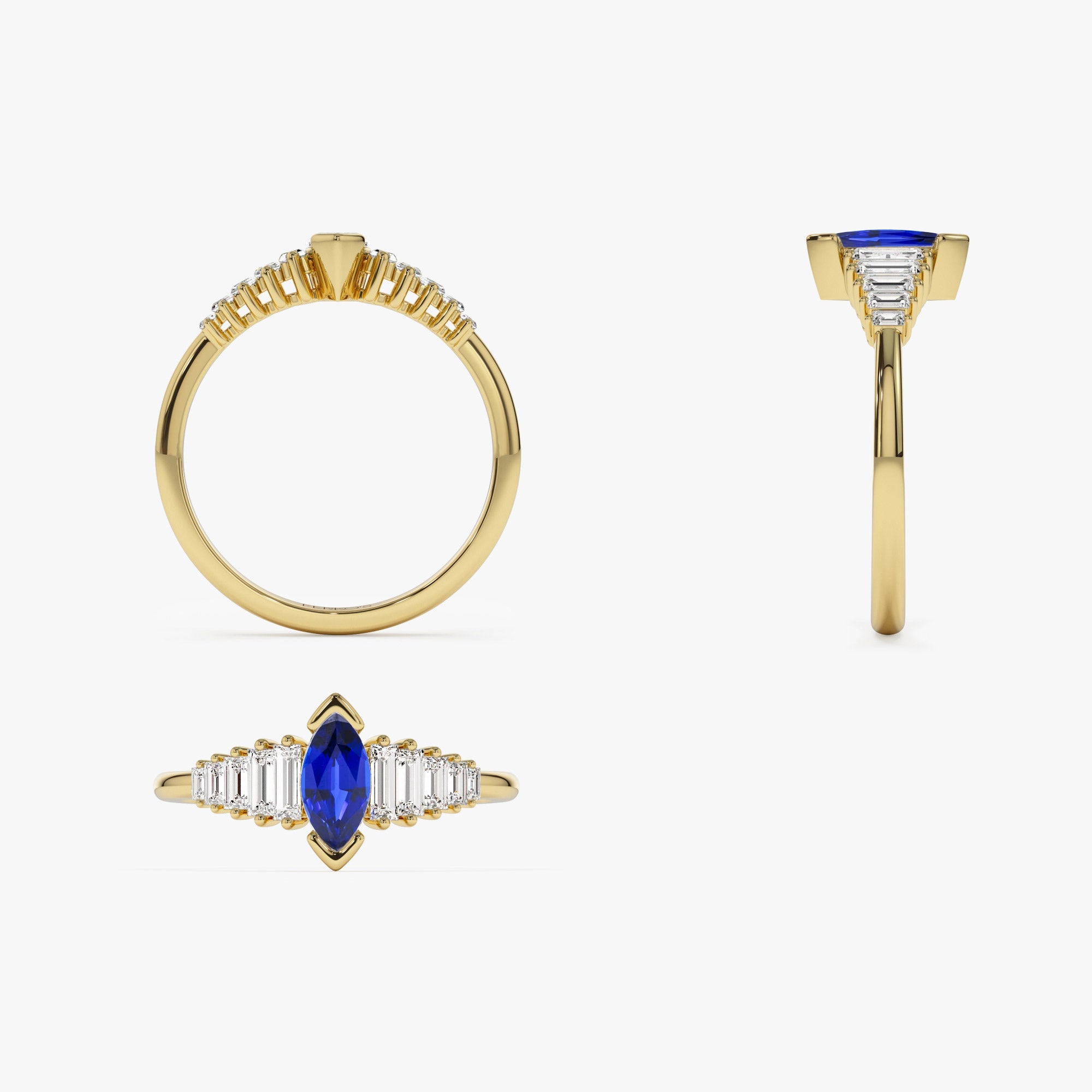 OBFJ1212 - 14k Gold Marquise Shape Sapphire Ring with Baguette Accents 7
