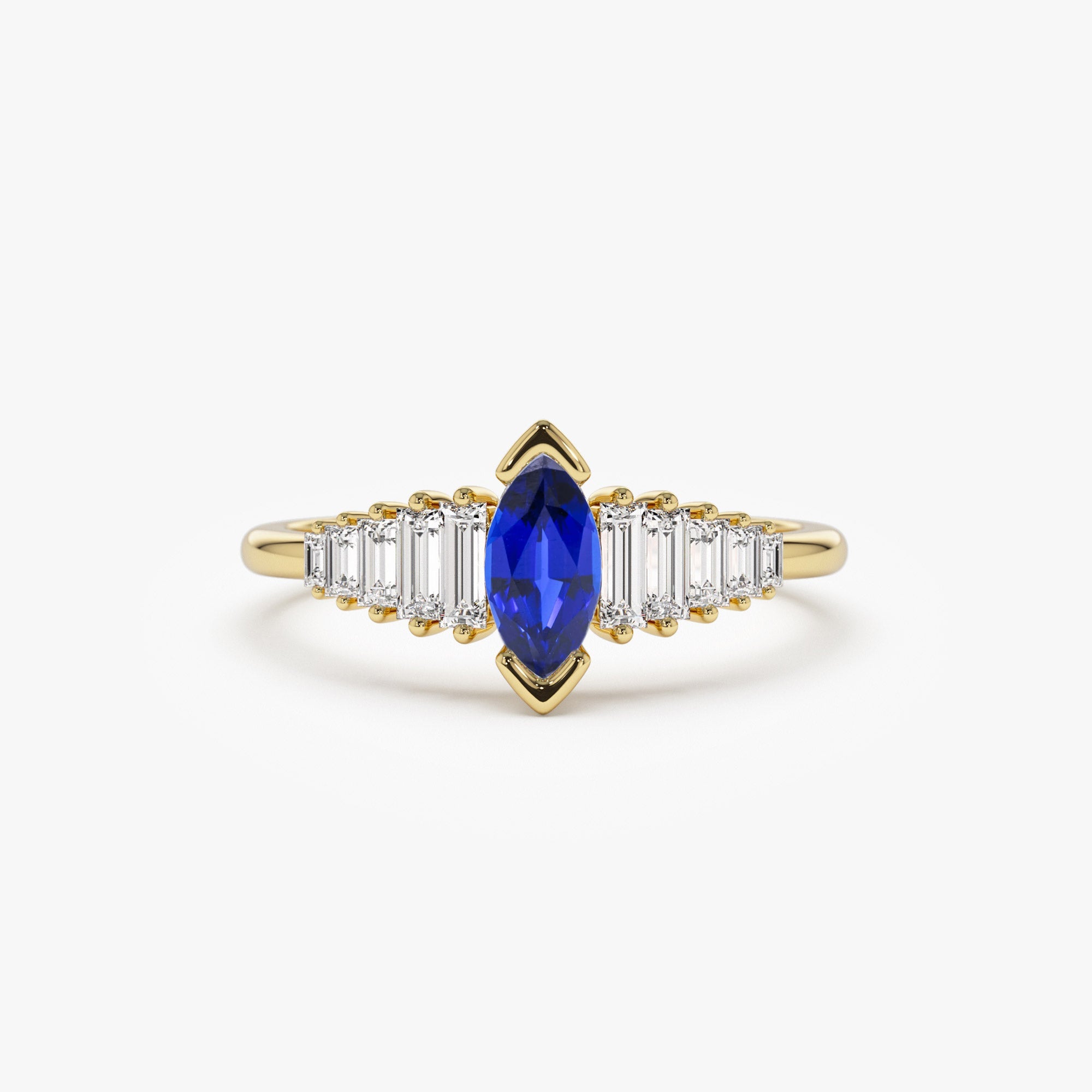 OBFJ1212 - 14k Gold Marquise Shape Sapphire Ring with Baguette Accents 1
