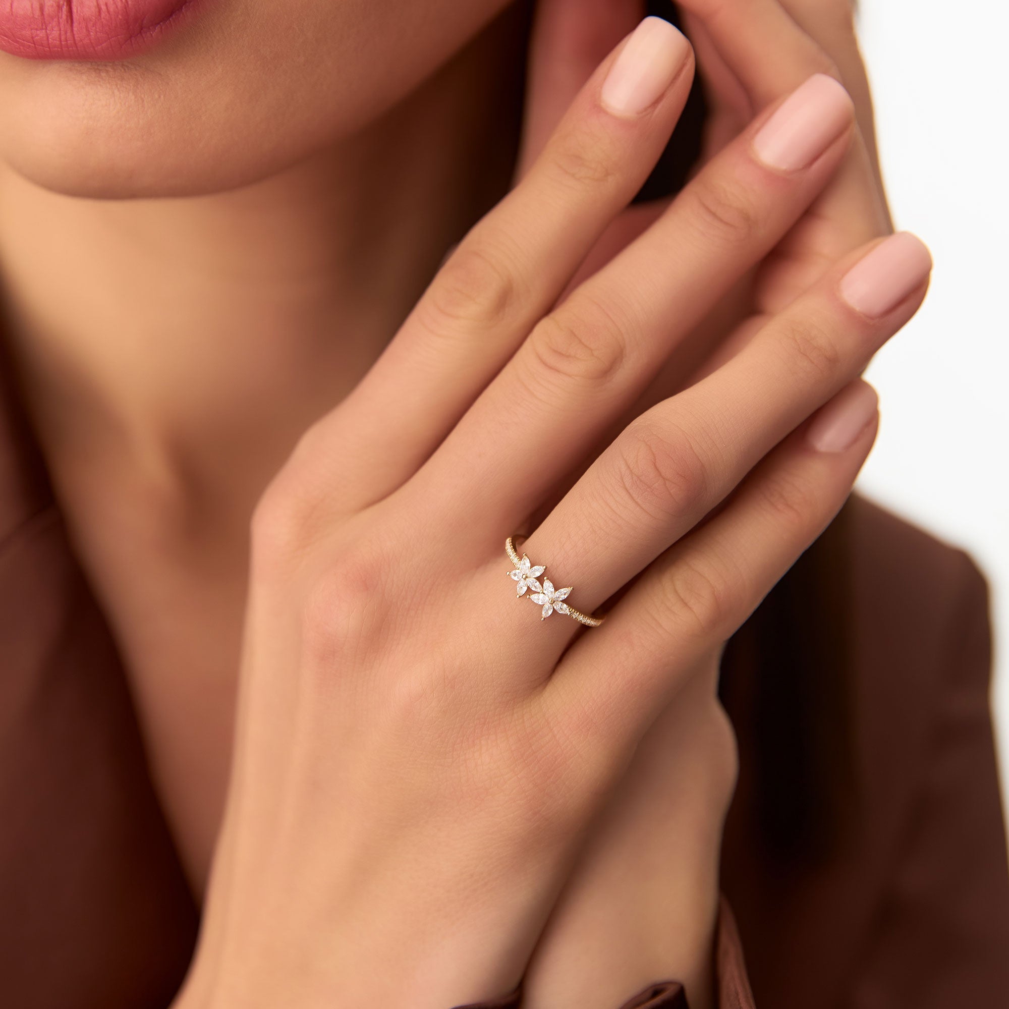 OBFJ1336 - 14k Marquise Shaped Diamond Flower Design Statement Ring 2
