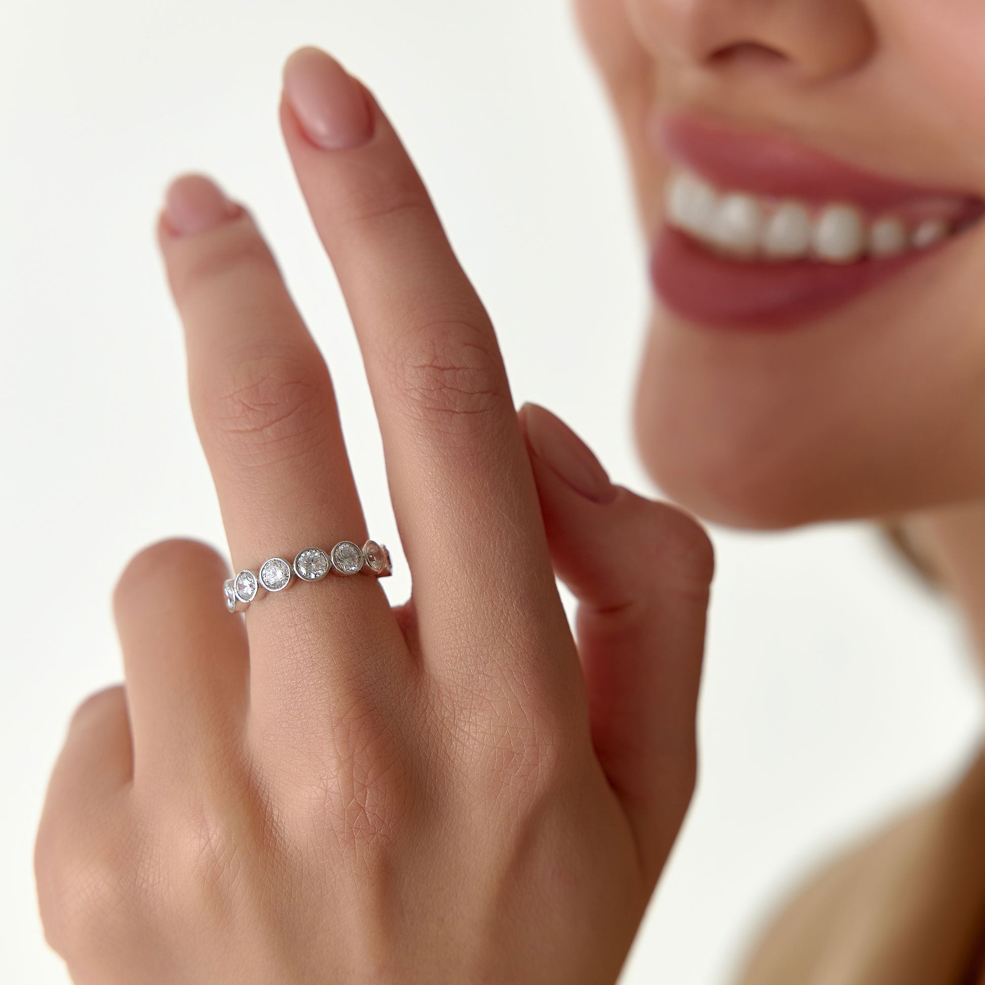 OBFJ0024 - 1.75 ctw Bezel Setting Nine Stone Round Lab Grown Diamond Wedding Ring - Lily - 14K White Gold 2